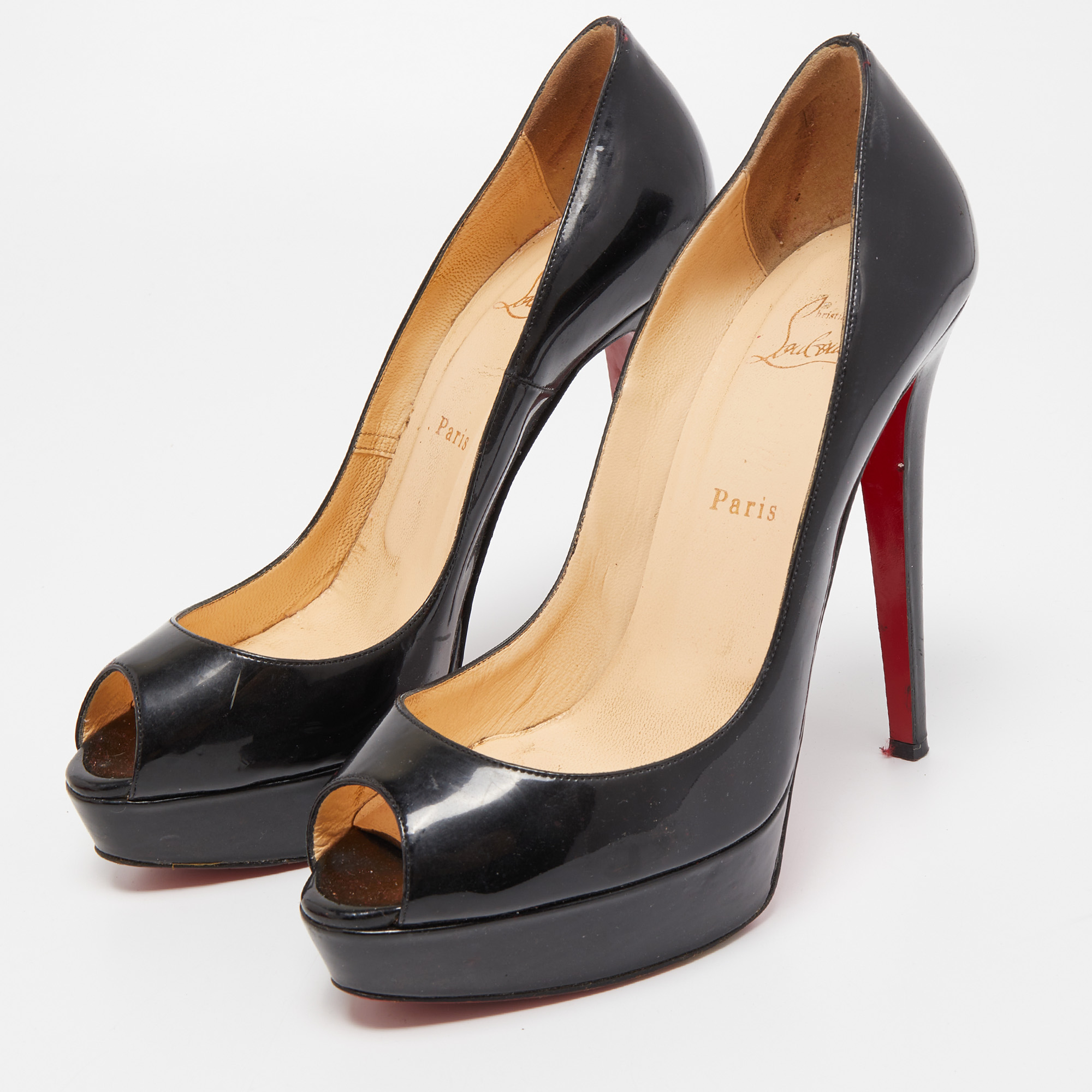 

Christian Louboutin Black Patent Leather Lady Peep Pumps Size