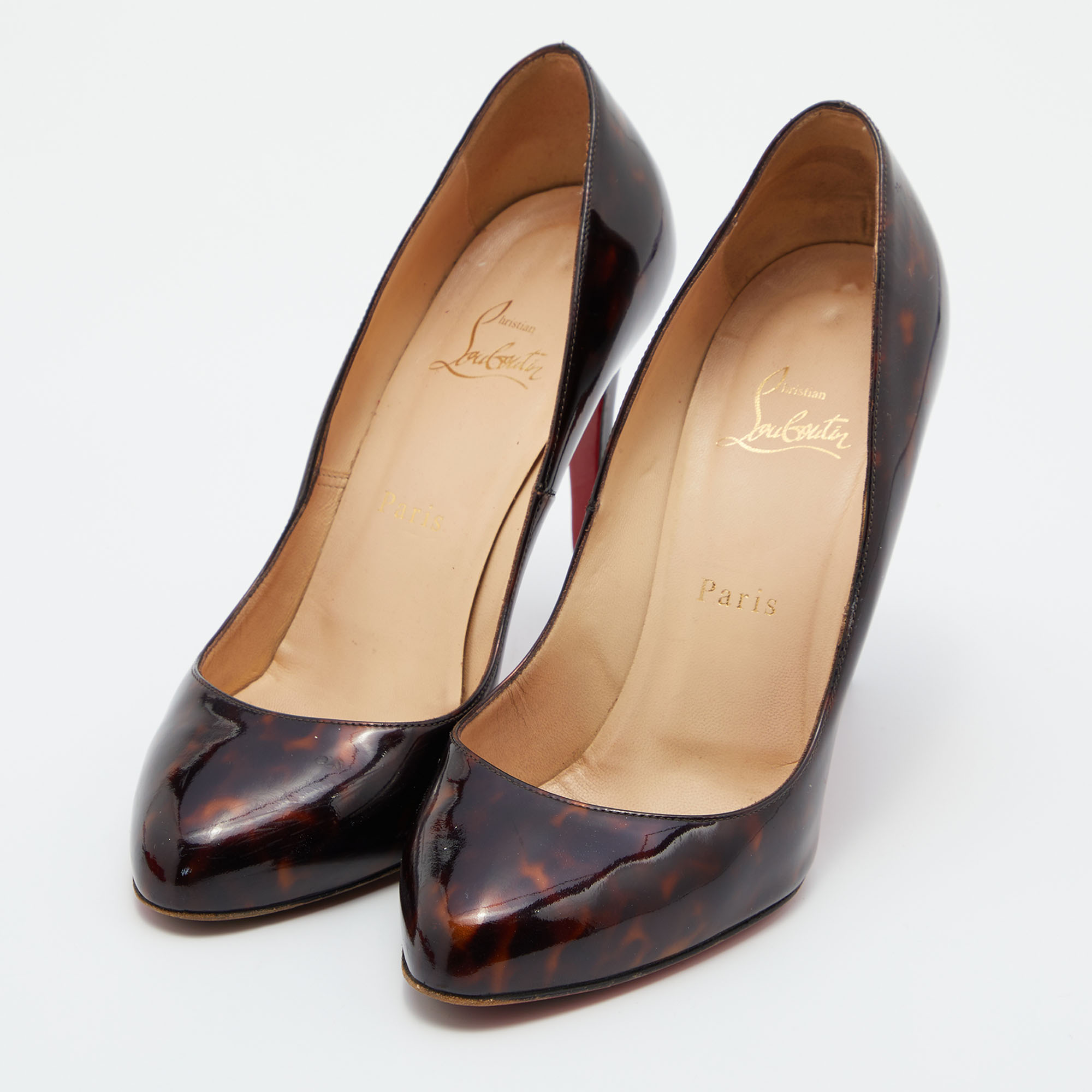 

Christian Louboutin Brown Leopard Print Patent Leather Simple Round Toe Pumps Size