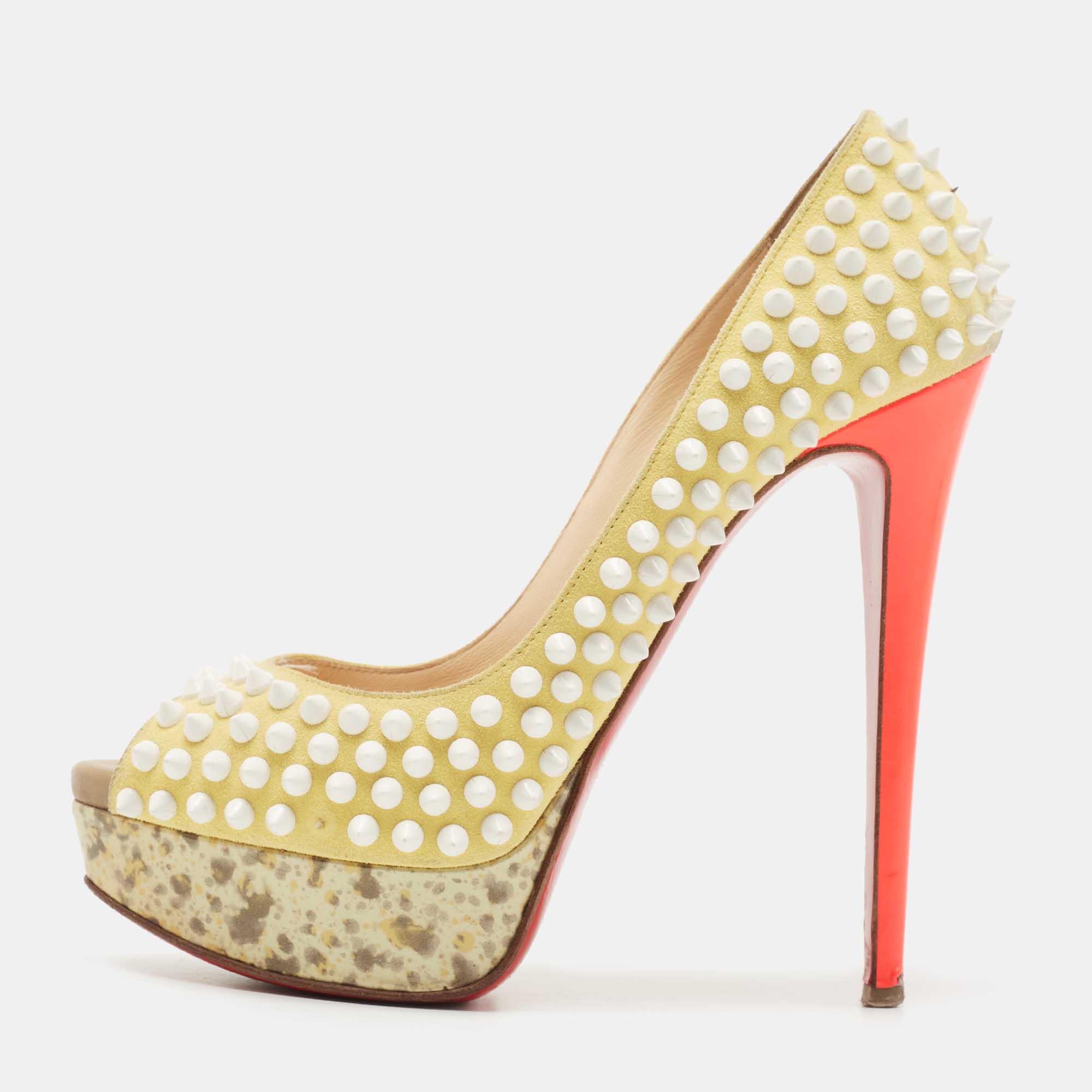 Pre-owned Christian Louboutin Yellow Suede Lady Peep Spikes Pumps Size 37.5