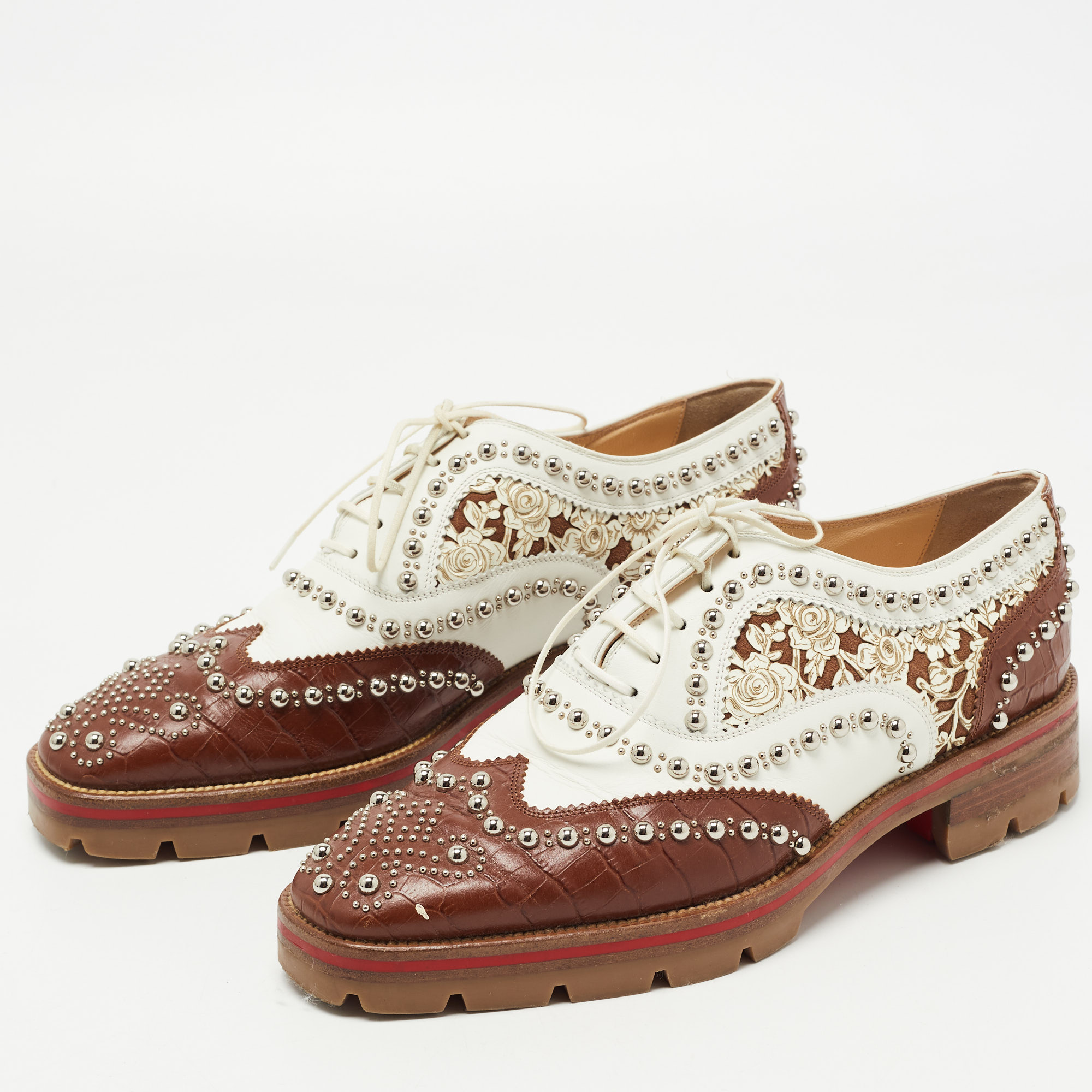 

Christian Louboutin Brown/White Croc Embossed and Leather Cappadonna Oxfords Size