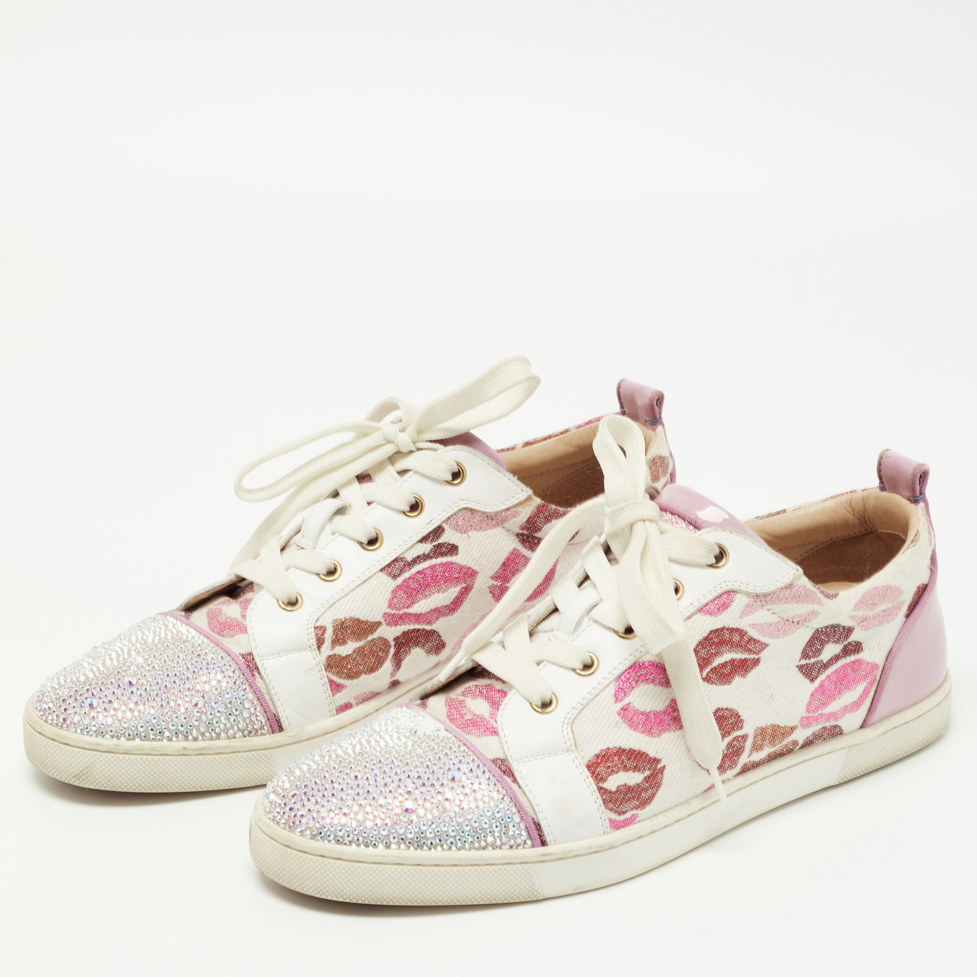 

Christian Louboutin Purple/White Patent Leather and Lips Print Canvas Gondola Strass Sneakers Size