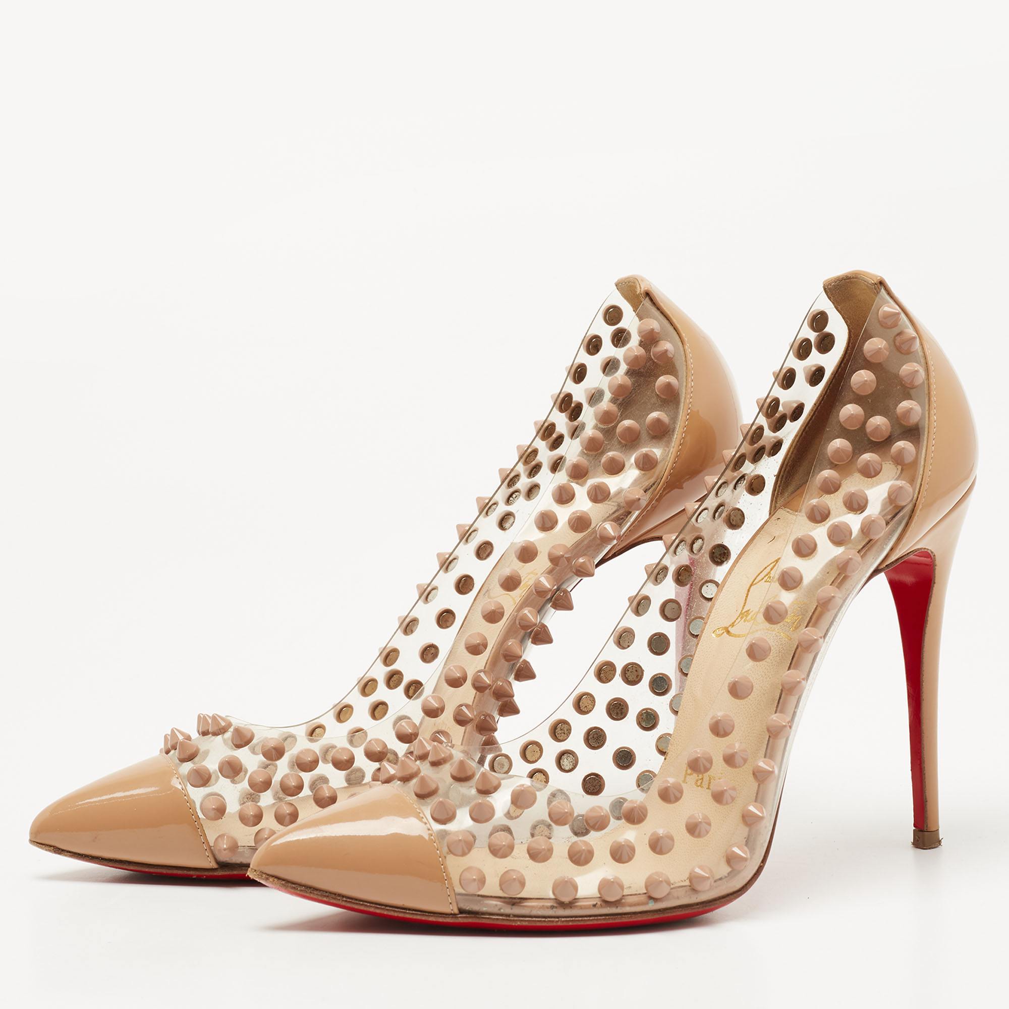 

Christian Louboutin Beige Patent Leather and PVC Spike Me Pumps Size
