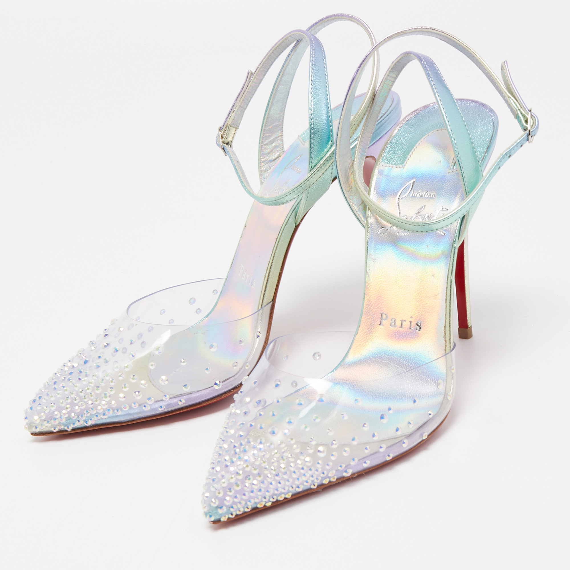 

Christian Louboutin Iridescent Blue PVC and Leather Spikaqueen Ankle Strap Pumps Size