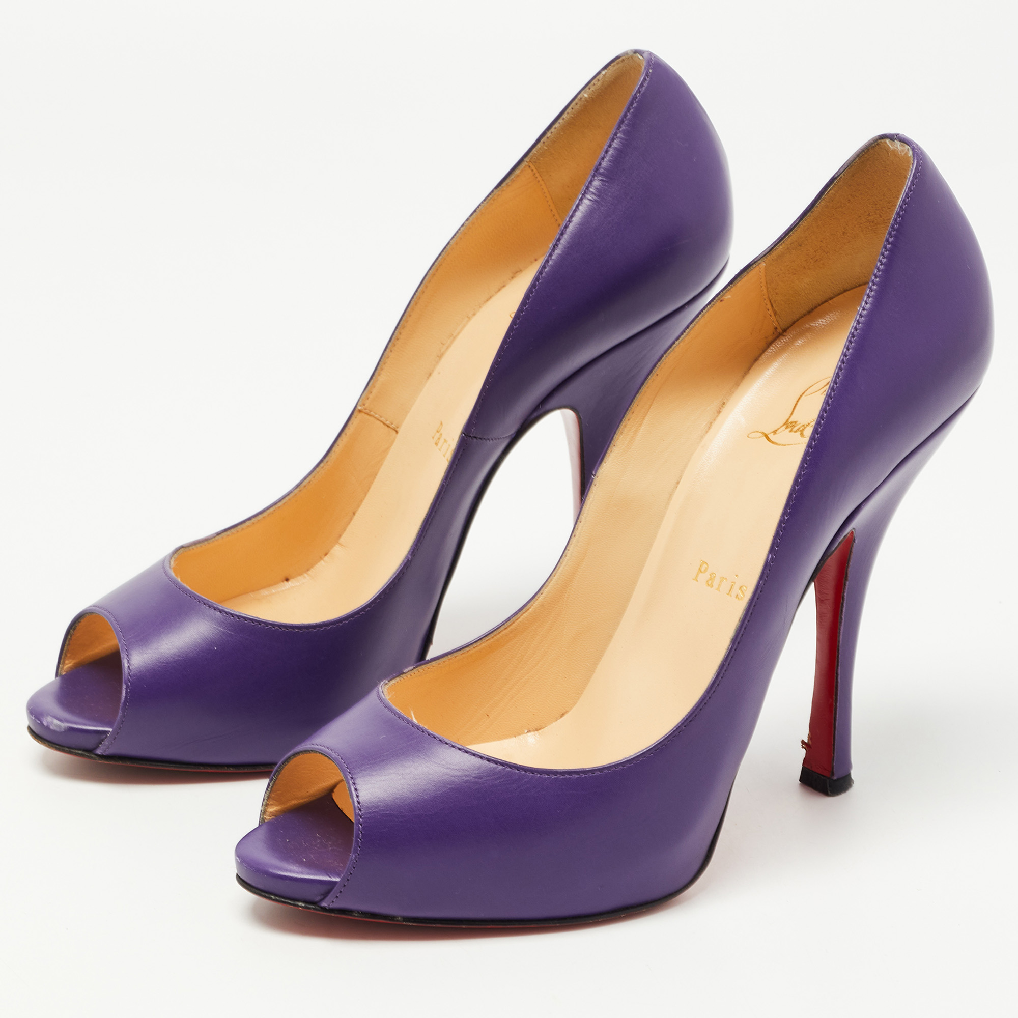 

Christian Louboutin Purple Leather Flo Peep Toe Pumps Size