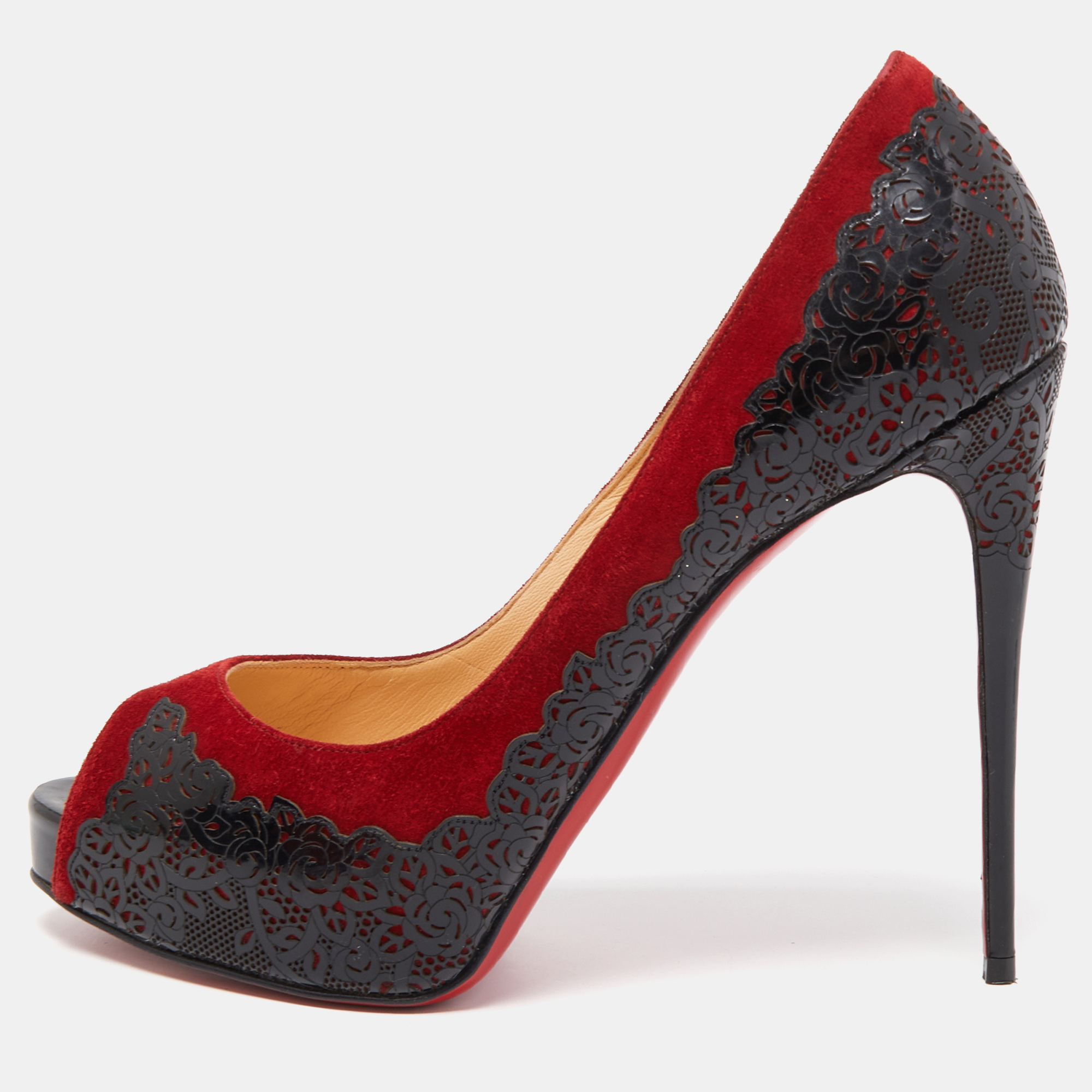 Pre-owned Christian Louboutin Black/red Laser Cut Patent Leather And Suede Veramucha Pumps Size 39
