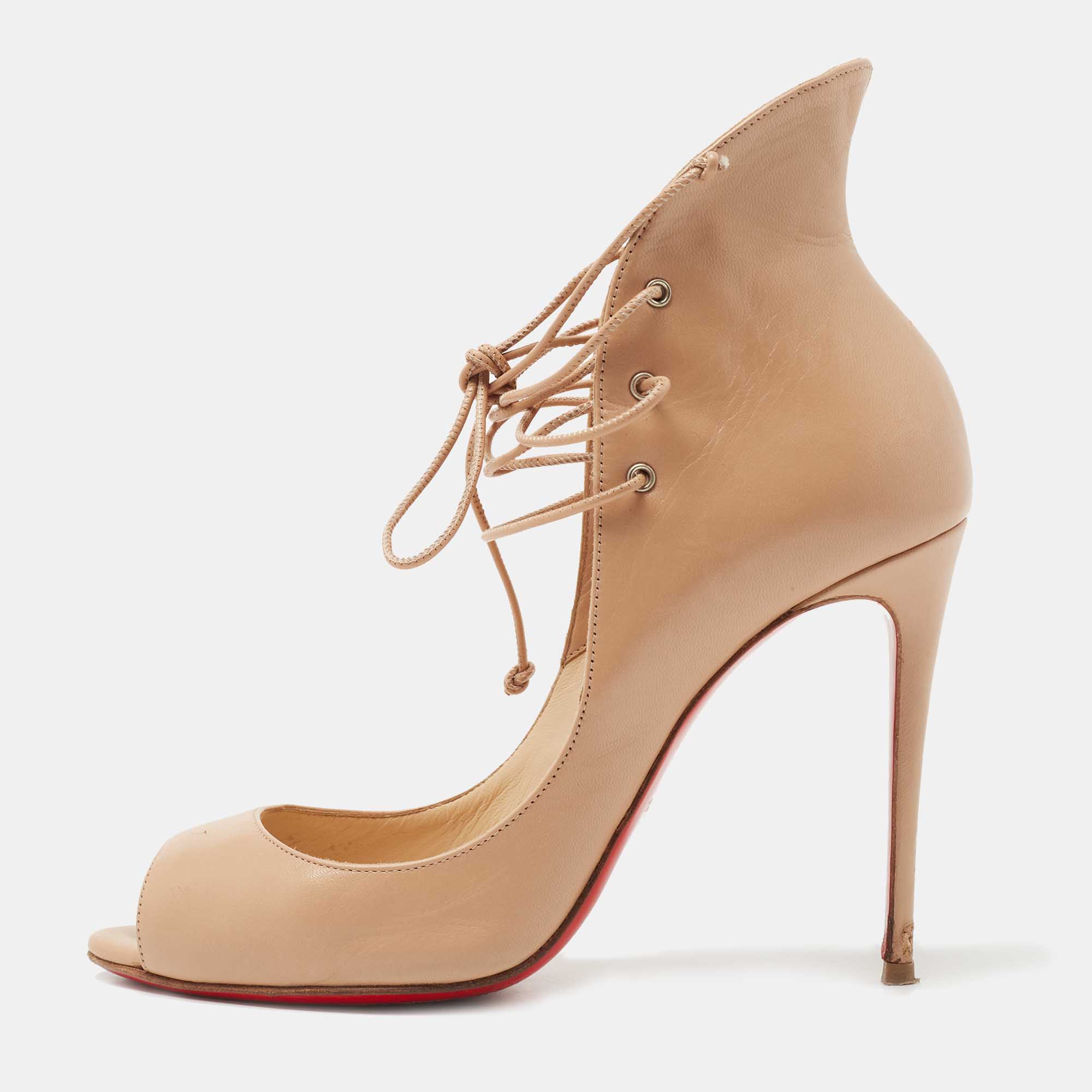 Pre-owned Christian Louboutin Beige Leather Megavamp Ankle Tie Pumps Size 37