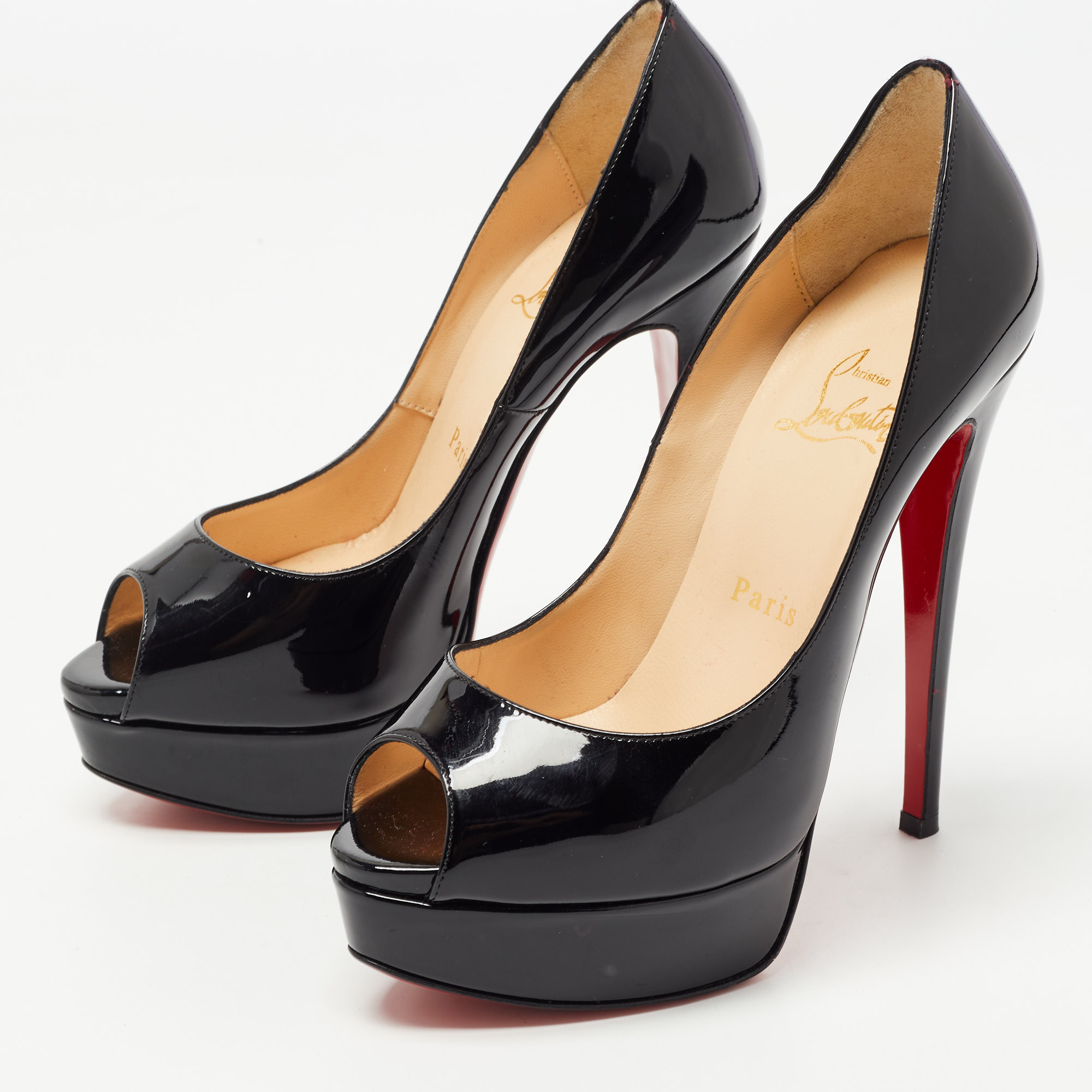 

Christian Louboutin Black Patent Leather Lady Peep Pumps Size