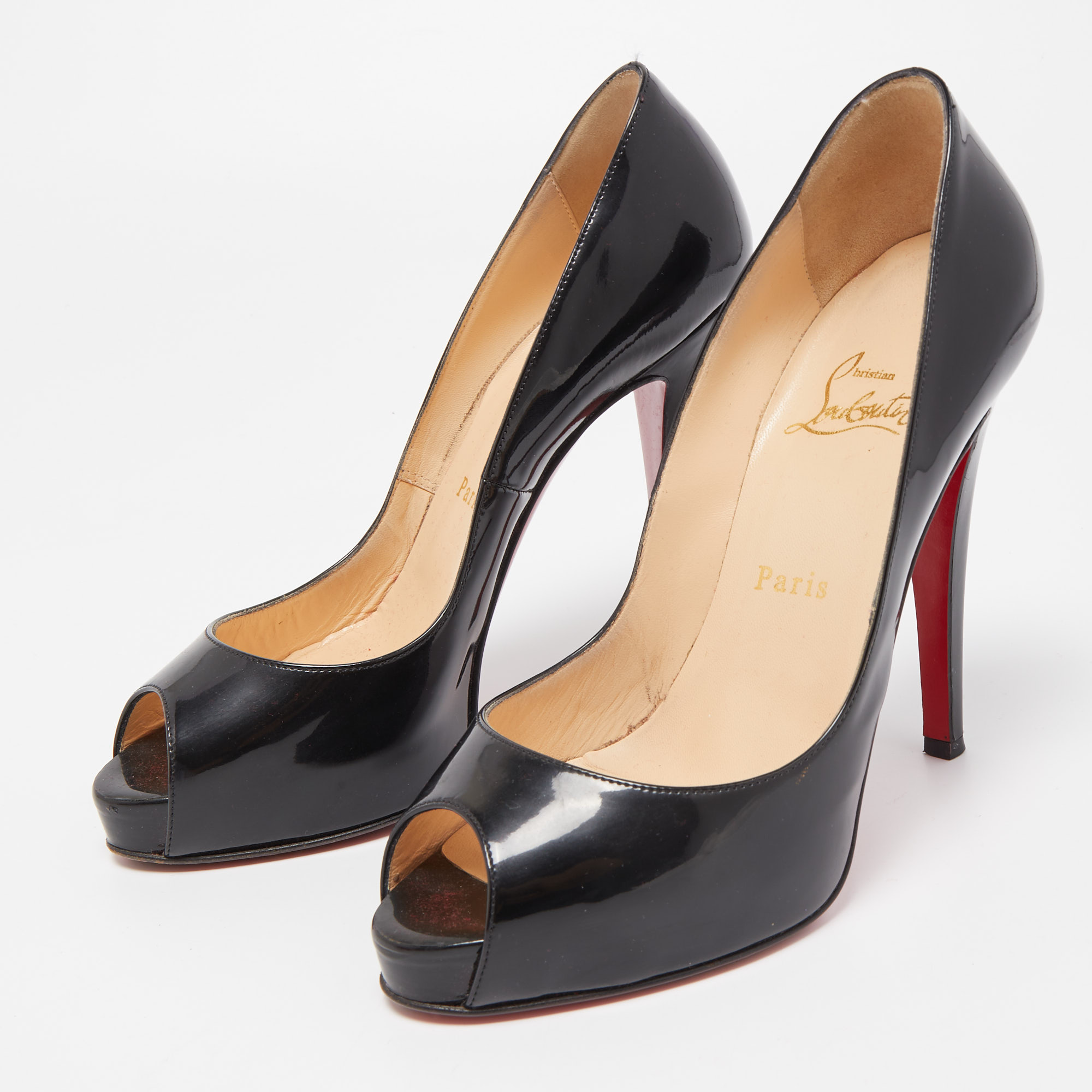 

Christian Louboutin Black Patent Lady Peep Pumps Size