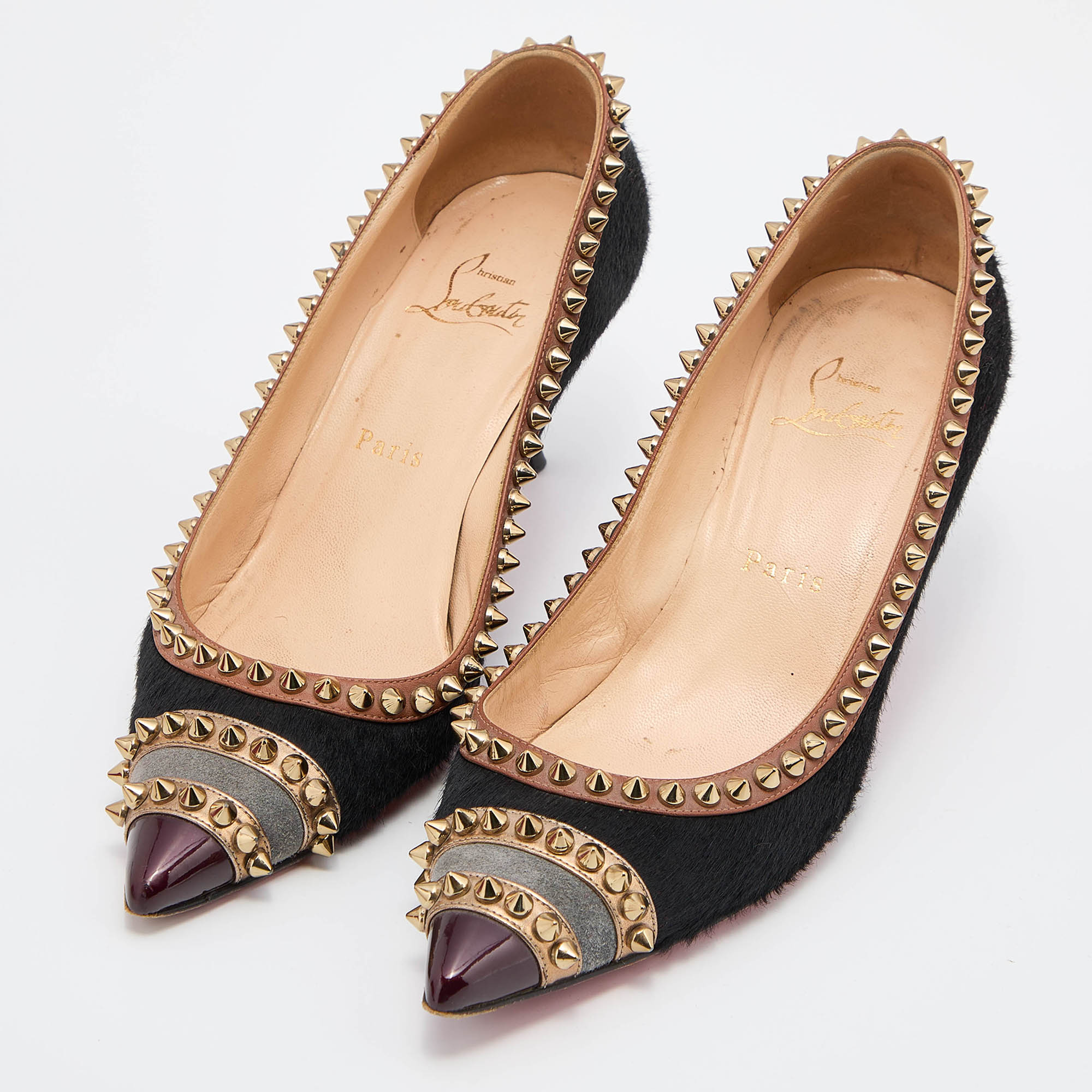 

Christian Louboutin Multicolor Calf Hair and Leather Malabar Hill Spiked Pointed Toe Pumps Size