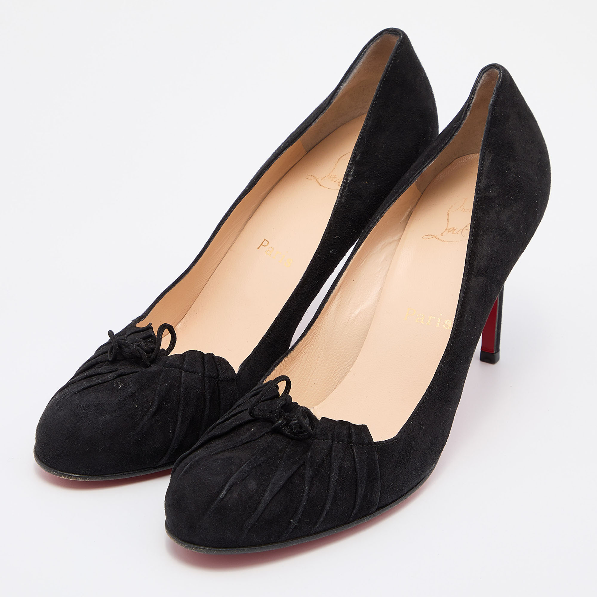 

Christian Louboutin Black Suede Bow Round Toe Pumps Size