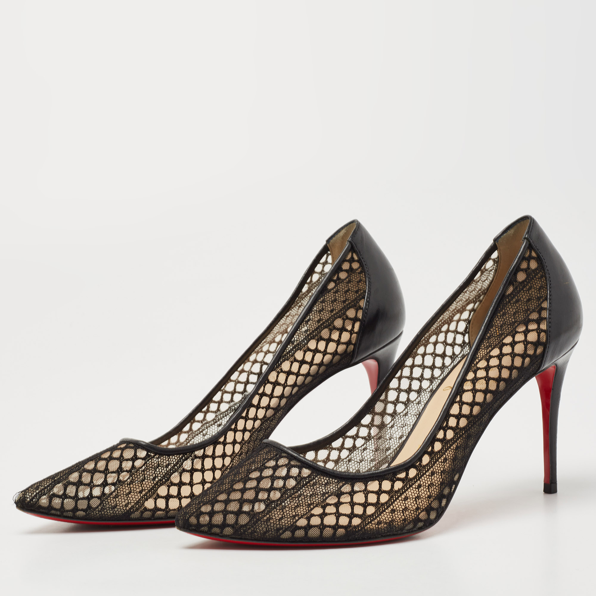 

Christian Louboutin Black Lace and Leather Follies Pointed Toe Pumps Size