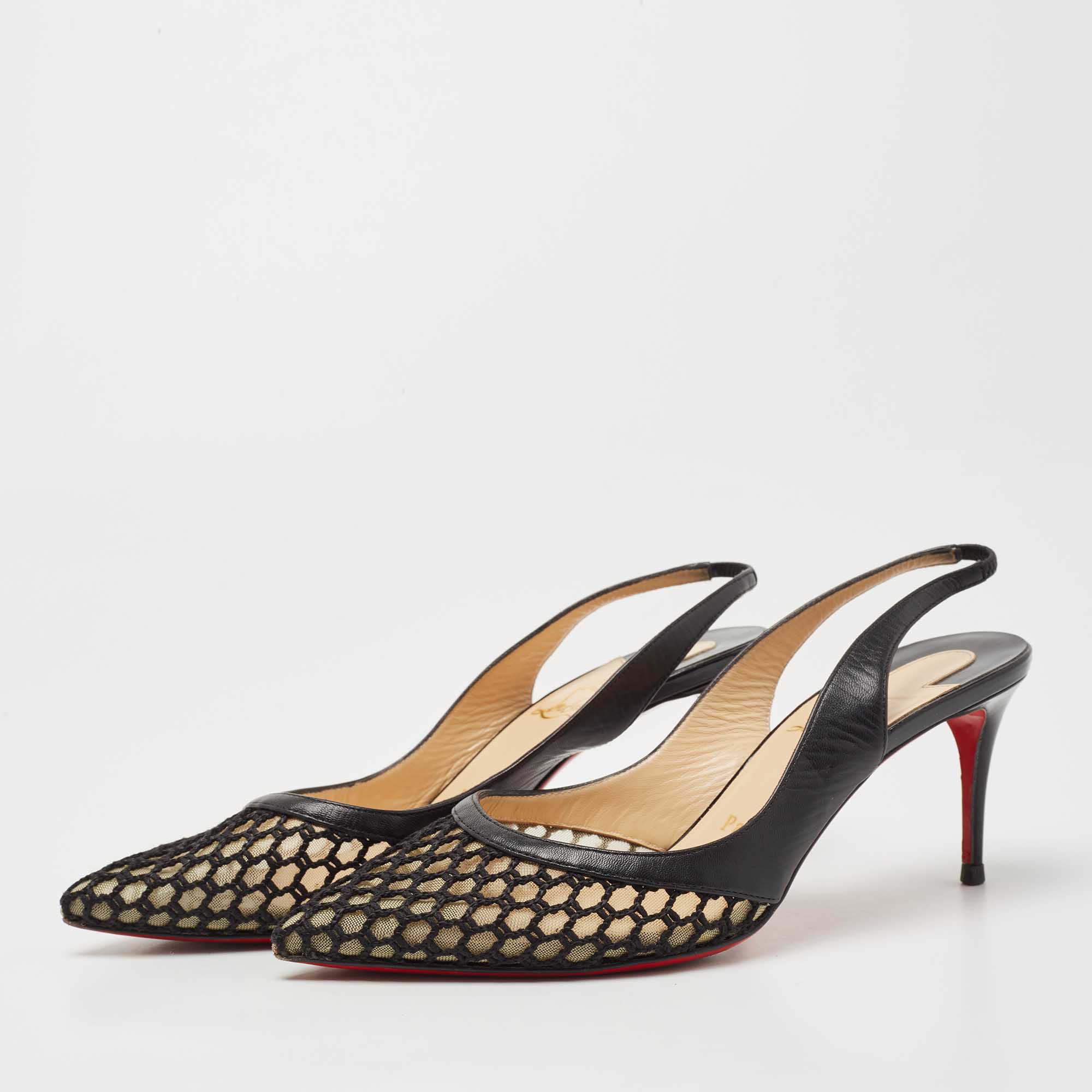

Christian Louboutin Black Leather and Mesh Miluna Slingback Pumps Size