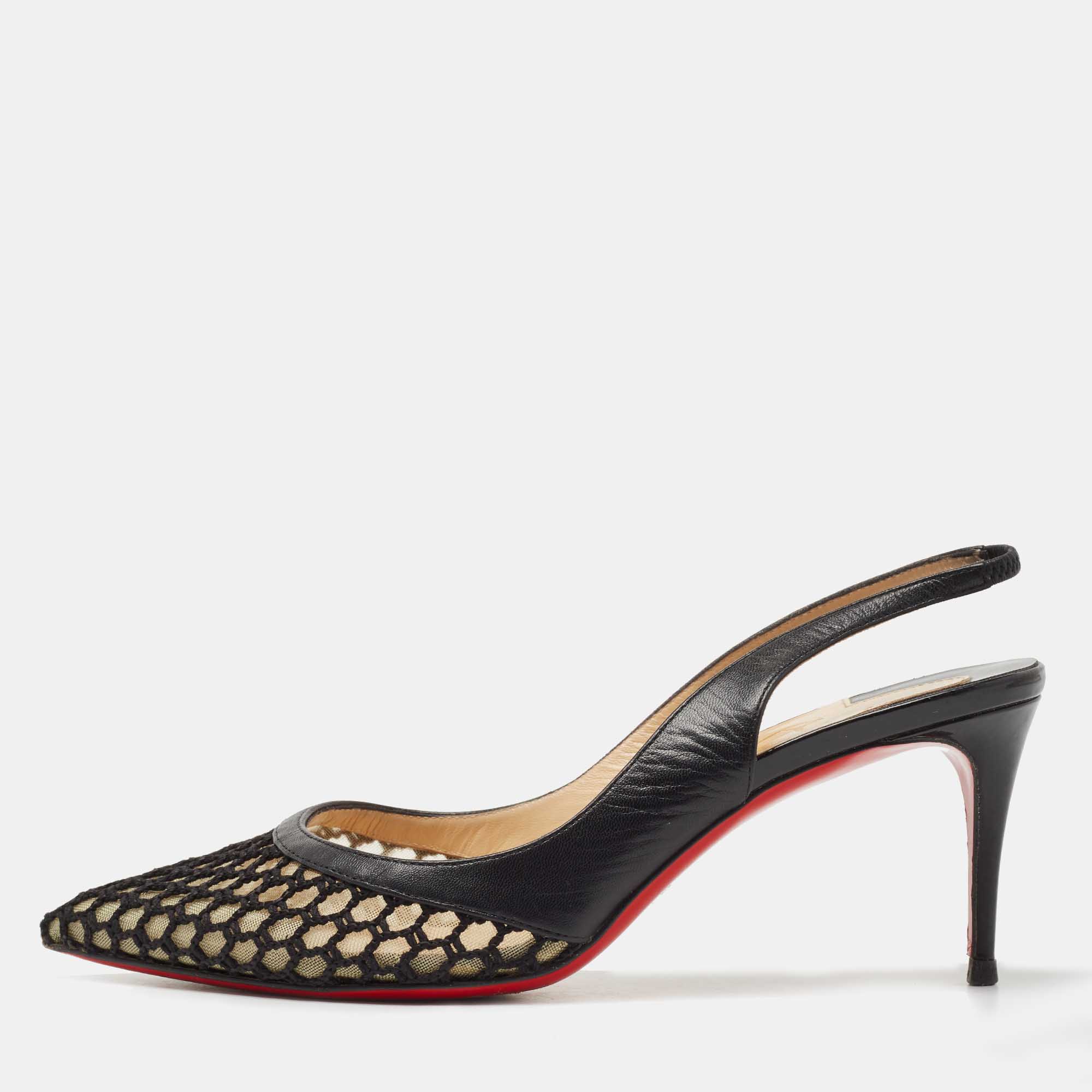 Pre Owned Christian Louboutin Black Leather and Mesh Miluna Slingback Pumps Size 38