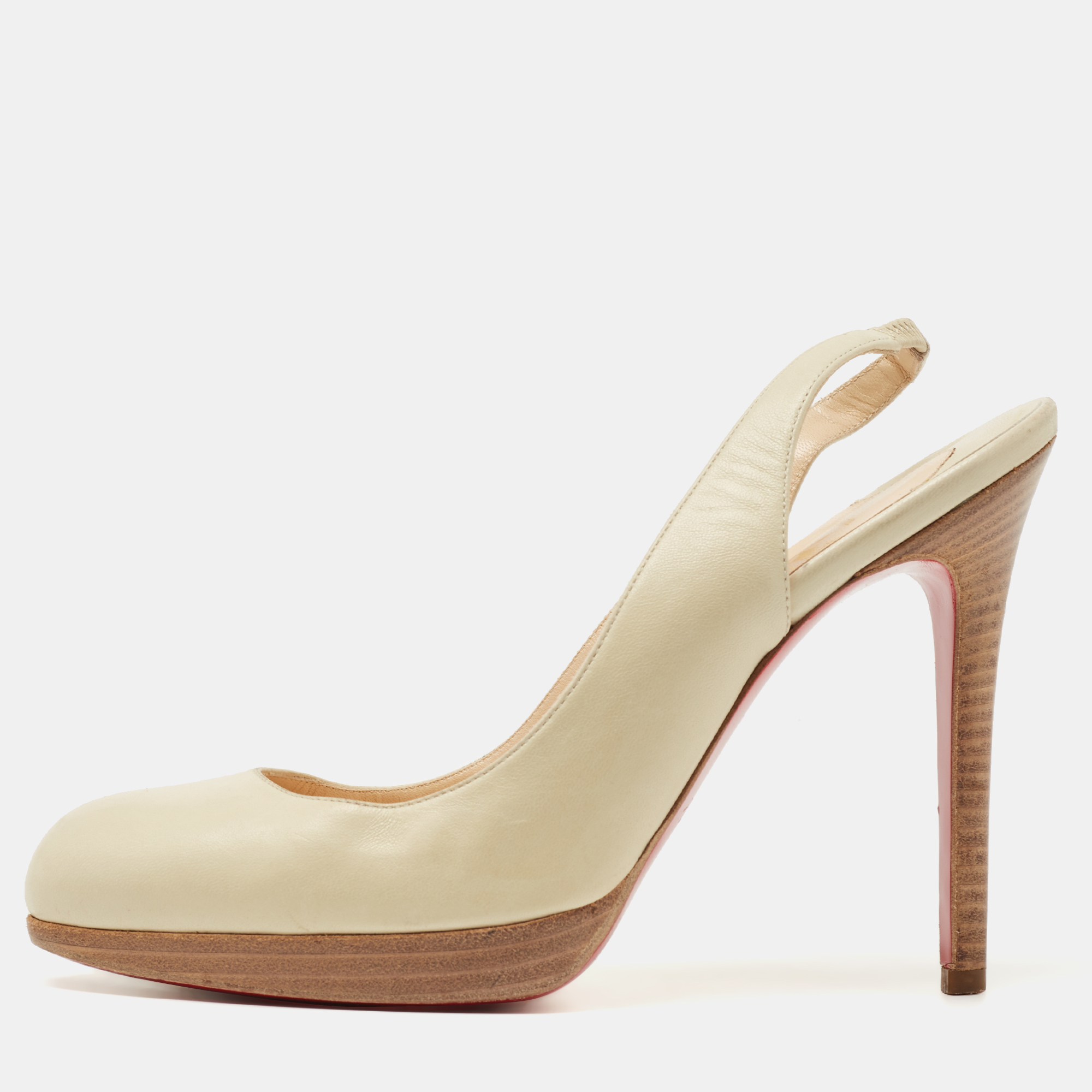 Pre-owned Christian Louboutin Cream Leather Platform Slingback Pumps Size 38.5