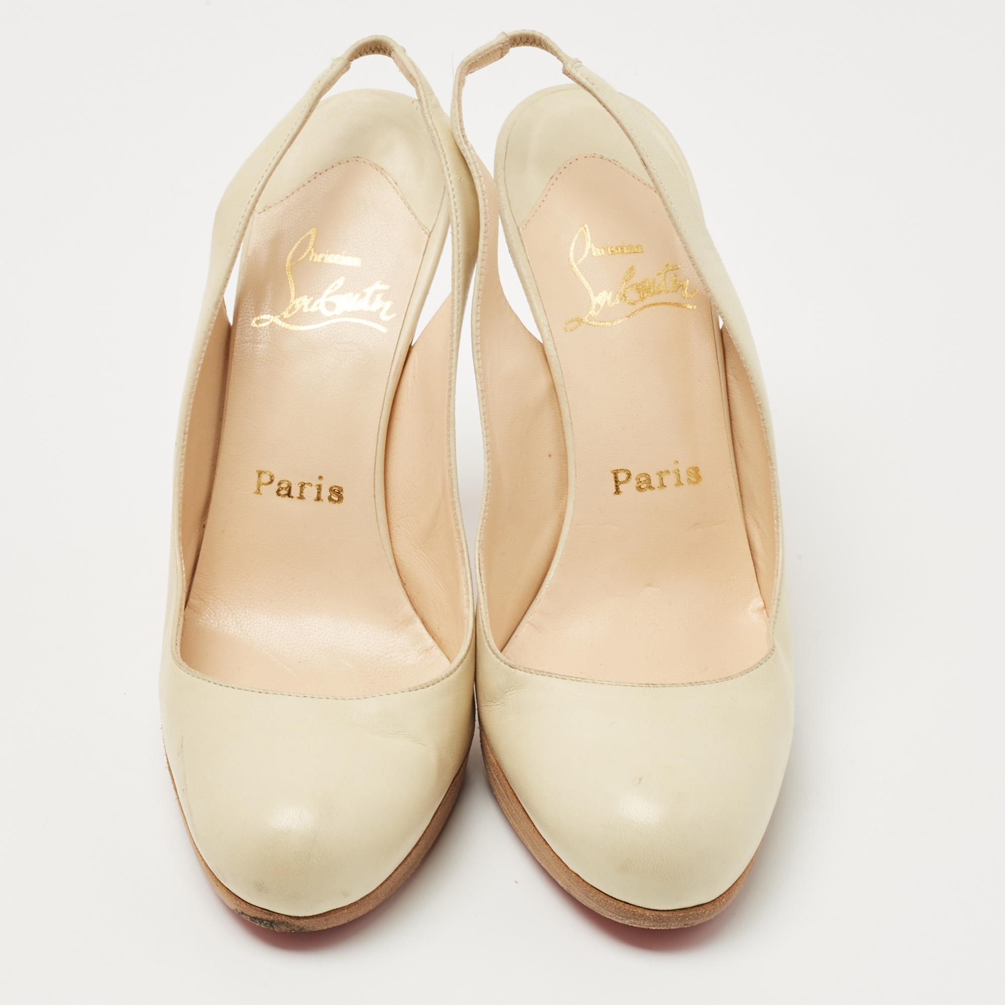 Christian Louboutin Cream Leather Platform Slingback Pumps Size 38.5 