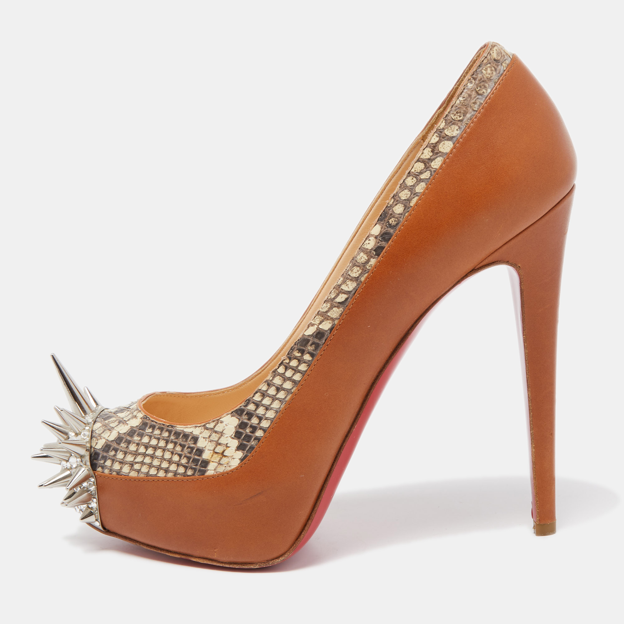 Pre-owned Christian Louboutin Brown Python And Leather Asteriod Spiked Pumps Size 37.5