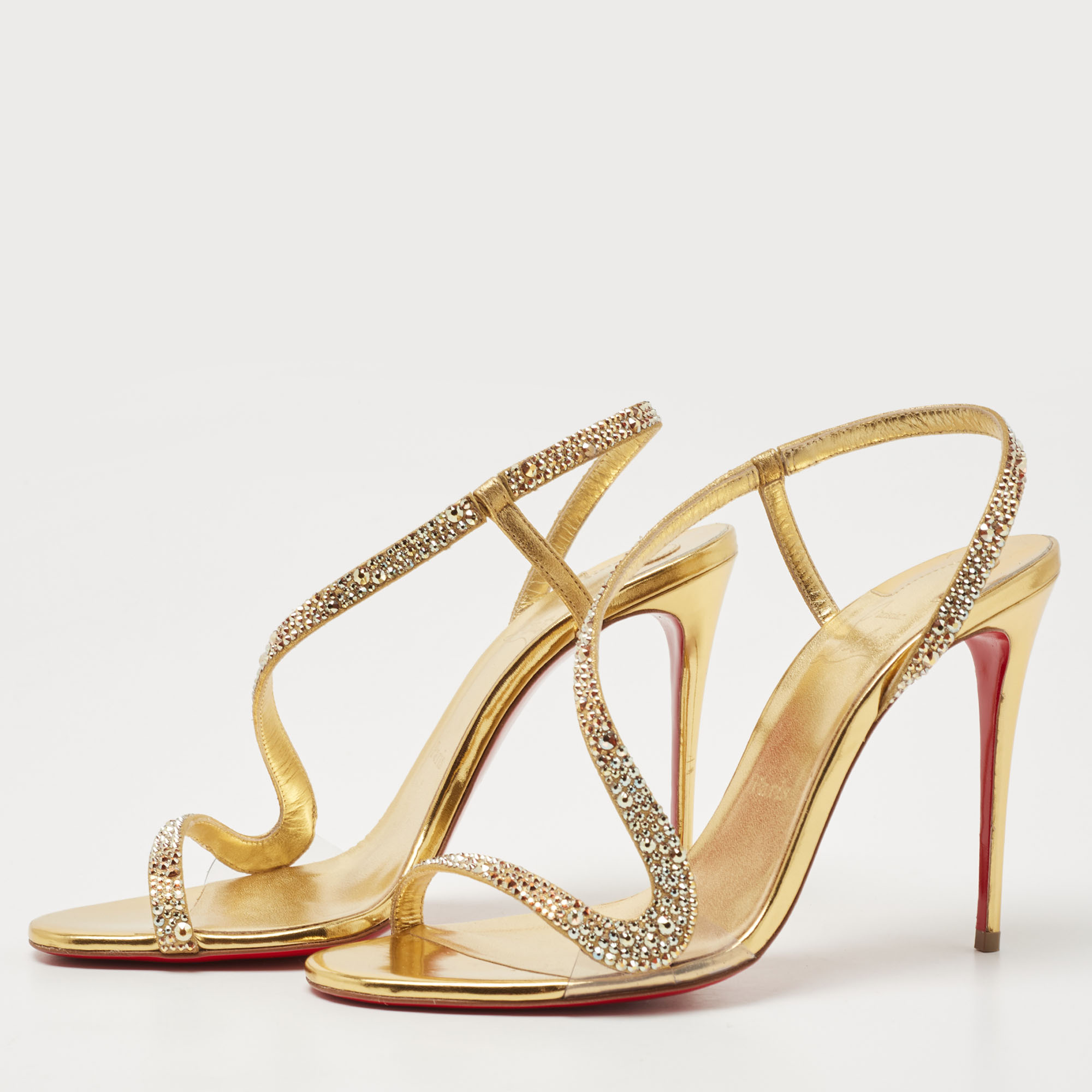 

Christian Louboutin Gold Suede Crystal Embellished Rosalie Sandals Size