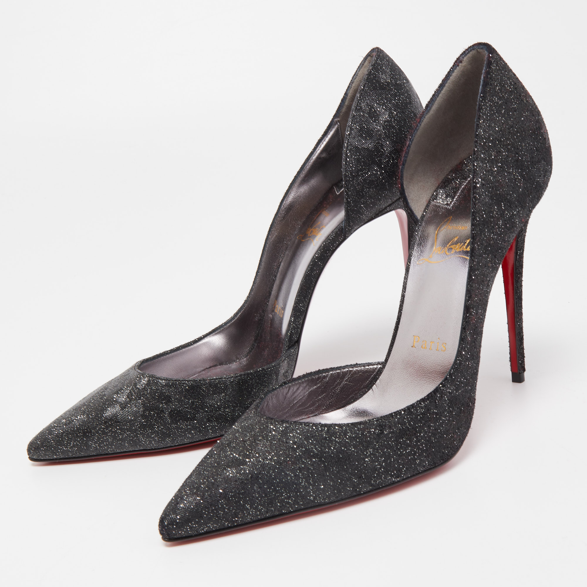 

Christian Louboutin Black Engraved Glitter Leather Iriza Pumps Size