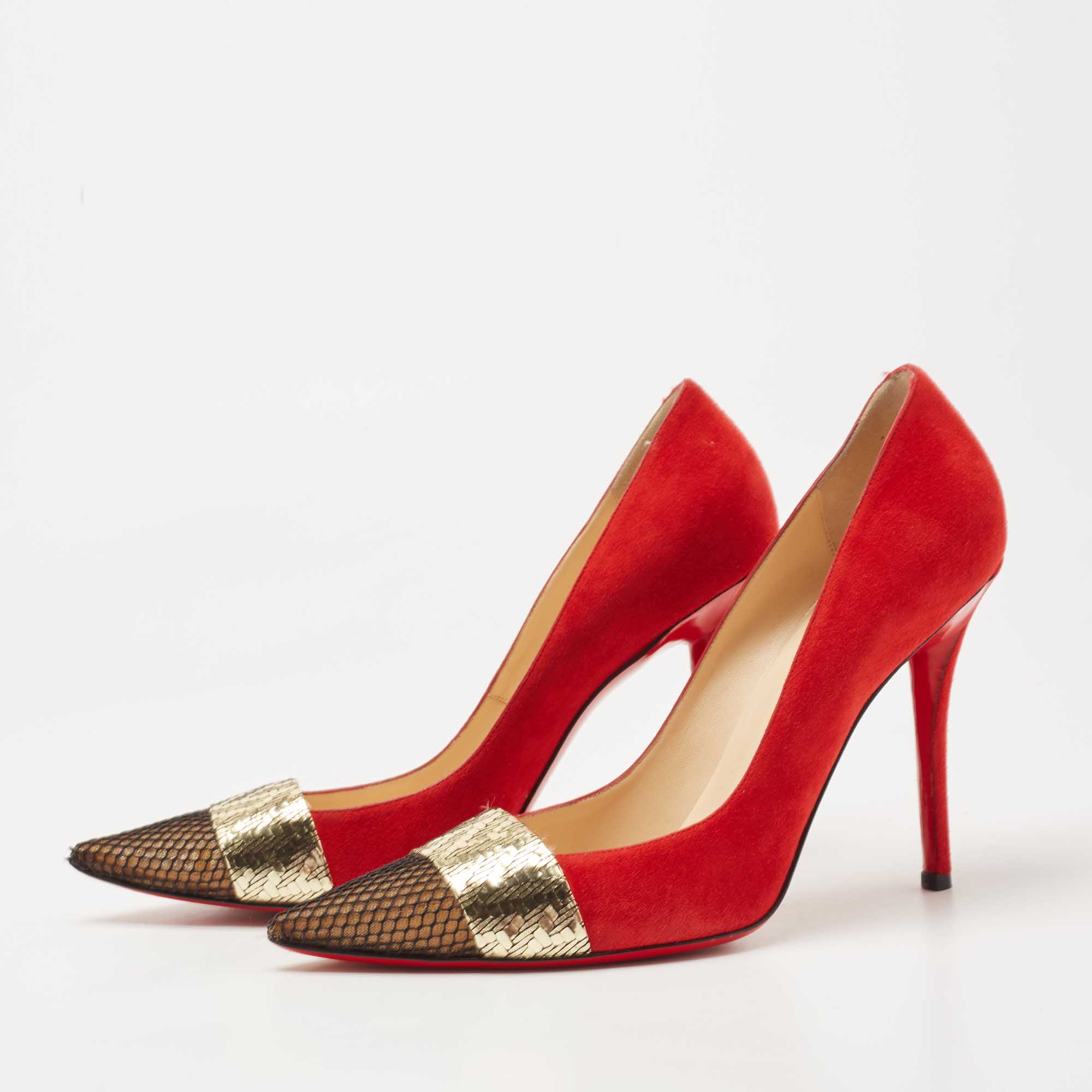 

Christian Louboutin Tricolor Suede, Textured Leather and Mesh Cap Toe Pumps Size, Red