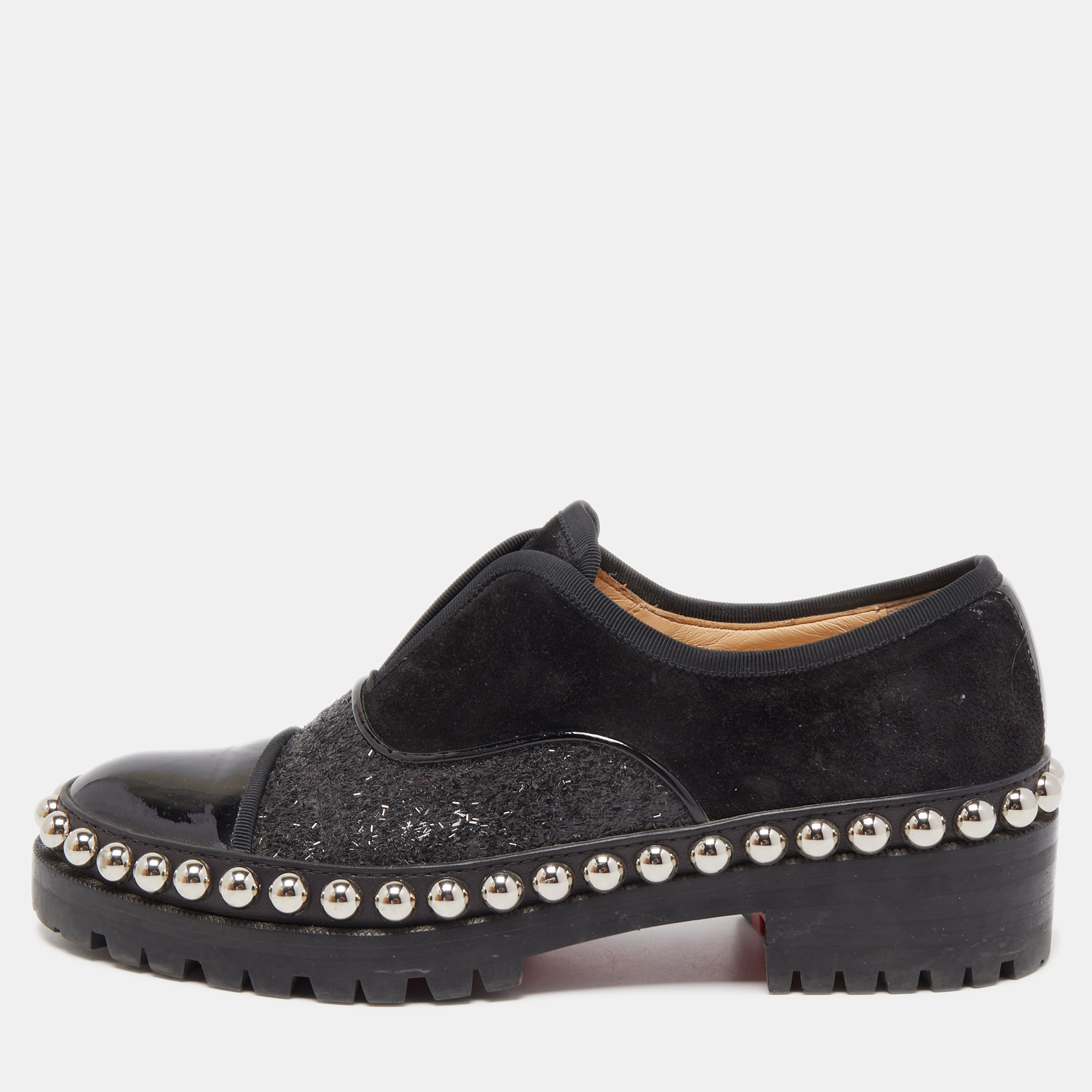 

Christian Louboutin Black Suede, Glitter and Patent Leather Alphacroc Oxfords Size