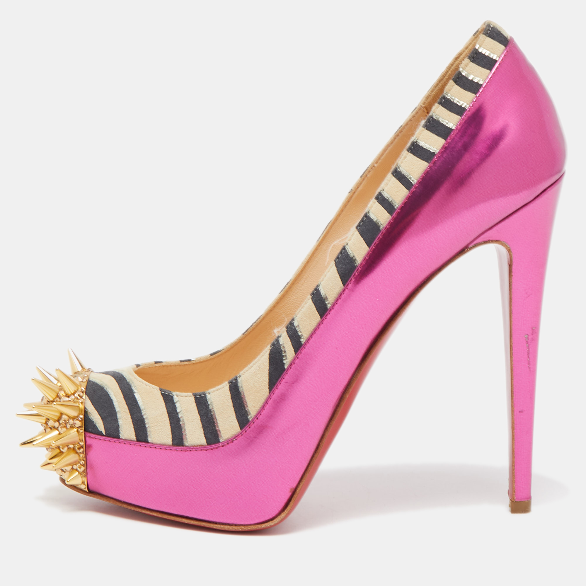 Pre-owned Christian Louboutin Tricolor Zebra Print Suede And Leather Limited Edition Asteroid Pumps Size 37 In Pink