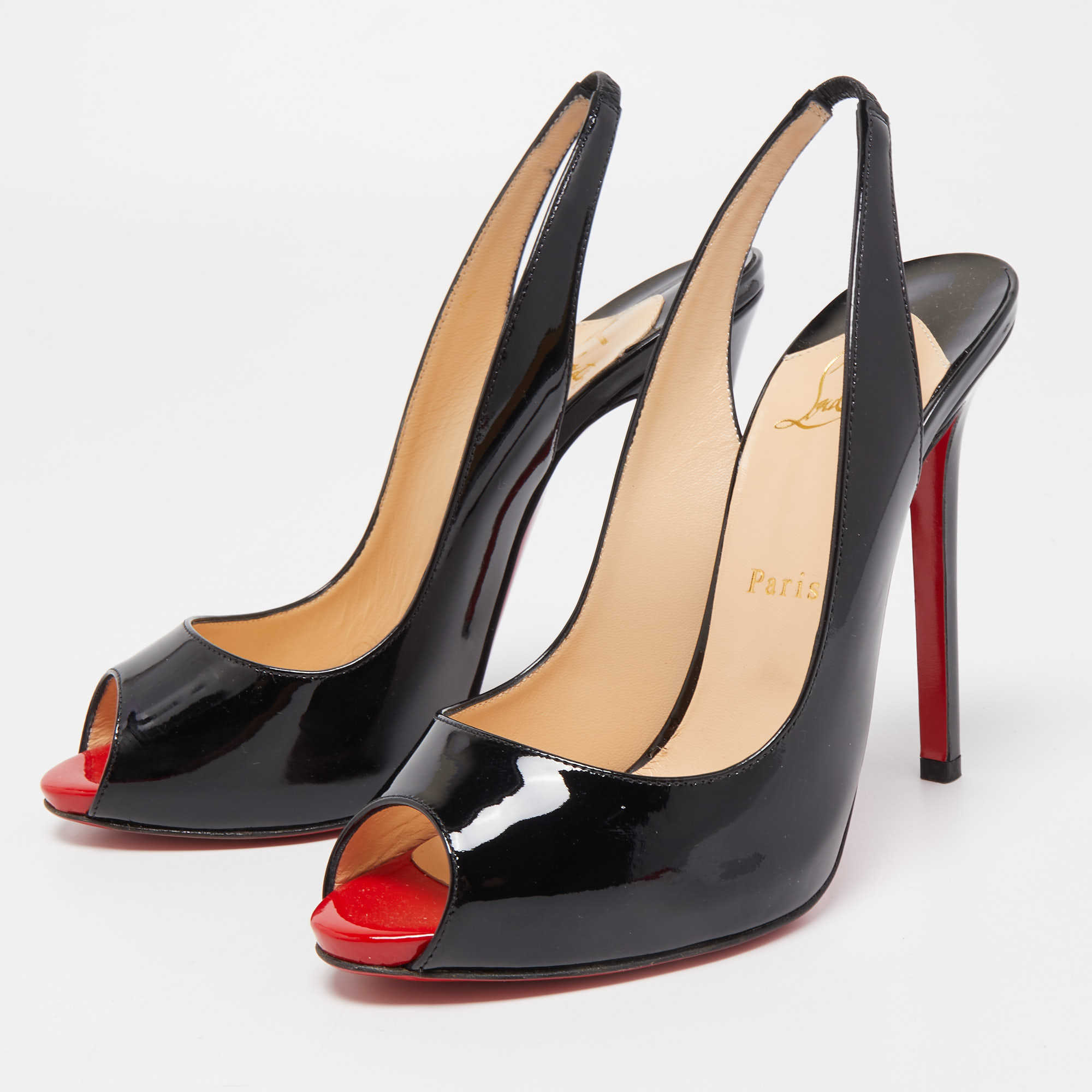 

Christian Louboutin Black Patent Flo Sling Pumps Size