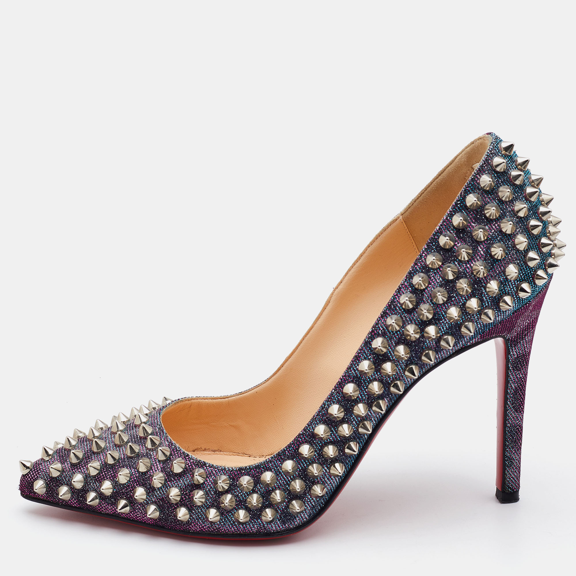 

Christian Louboutin Multicolor Holographic Lurex Fabric Pigalle Spikes Pumps Size