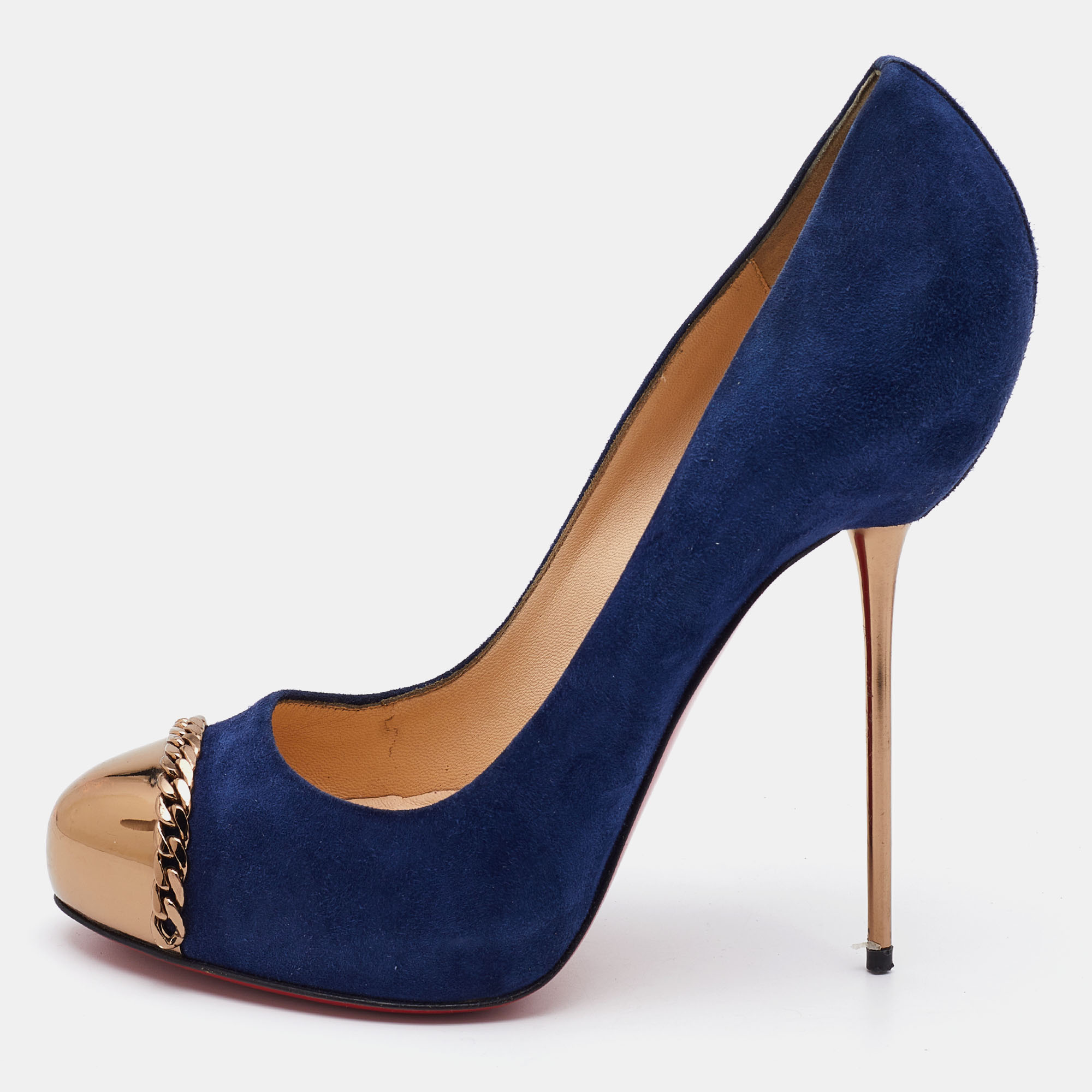 Pre-owned Christian Louboutin Oxford Blue Suede Metallip Chain Detail Metal Cap Toe Pumps Size 40