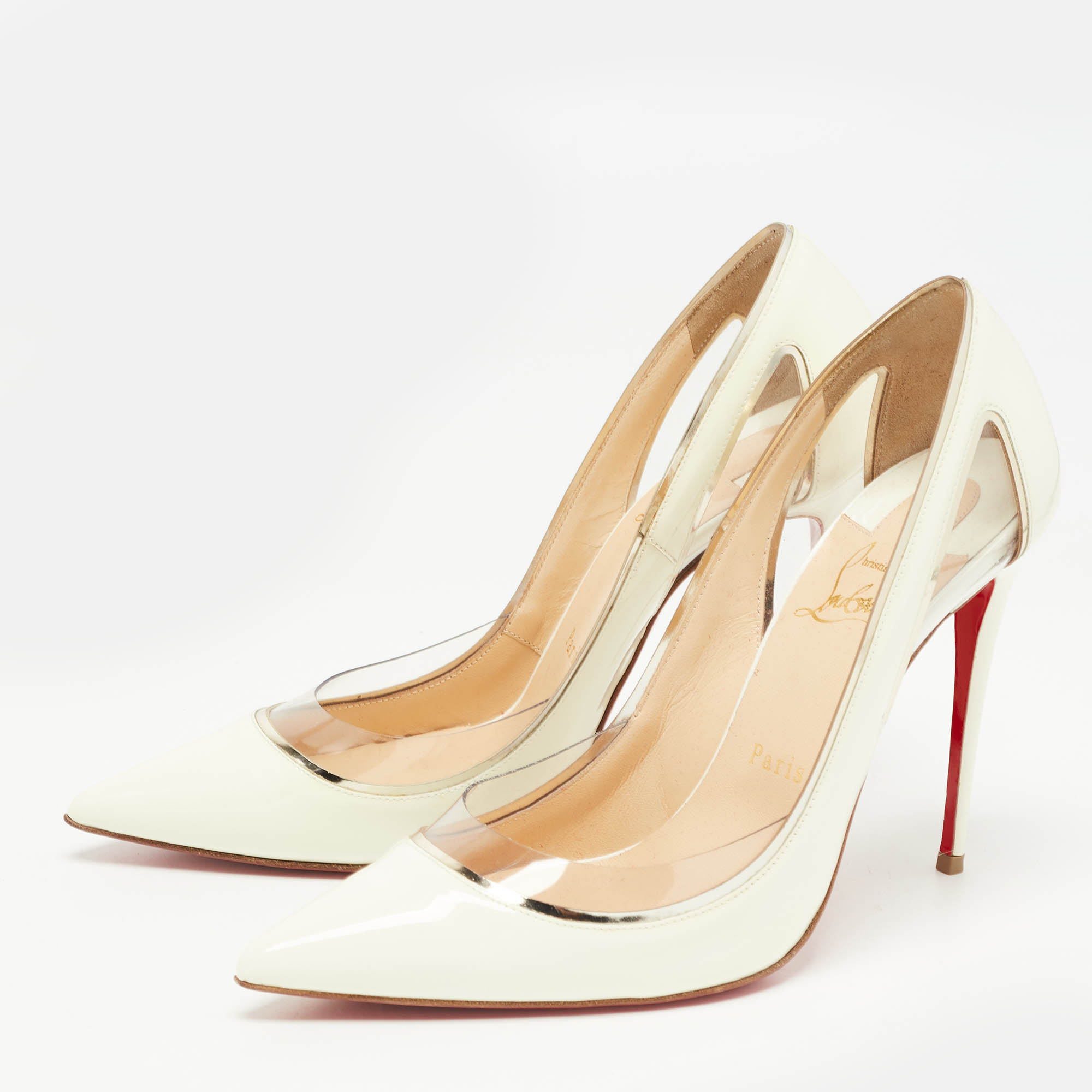 

Christian Louboutin Off White Patent Leather and PVC Cosmo Pumps Size