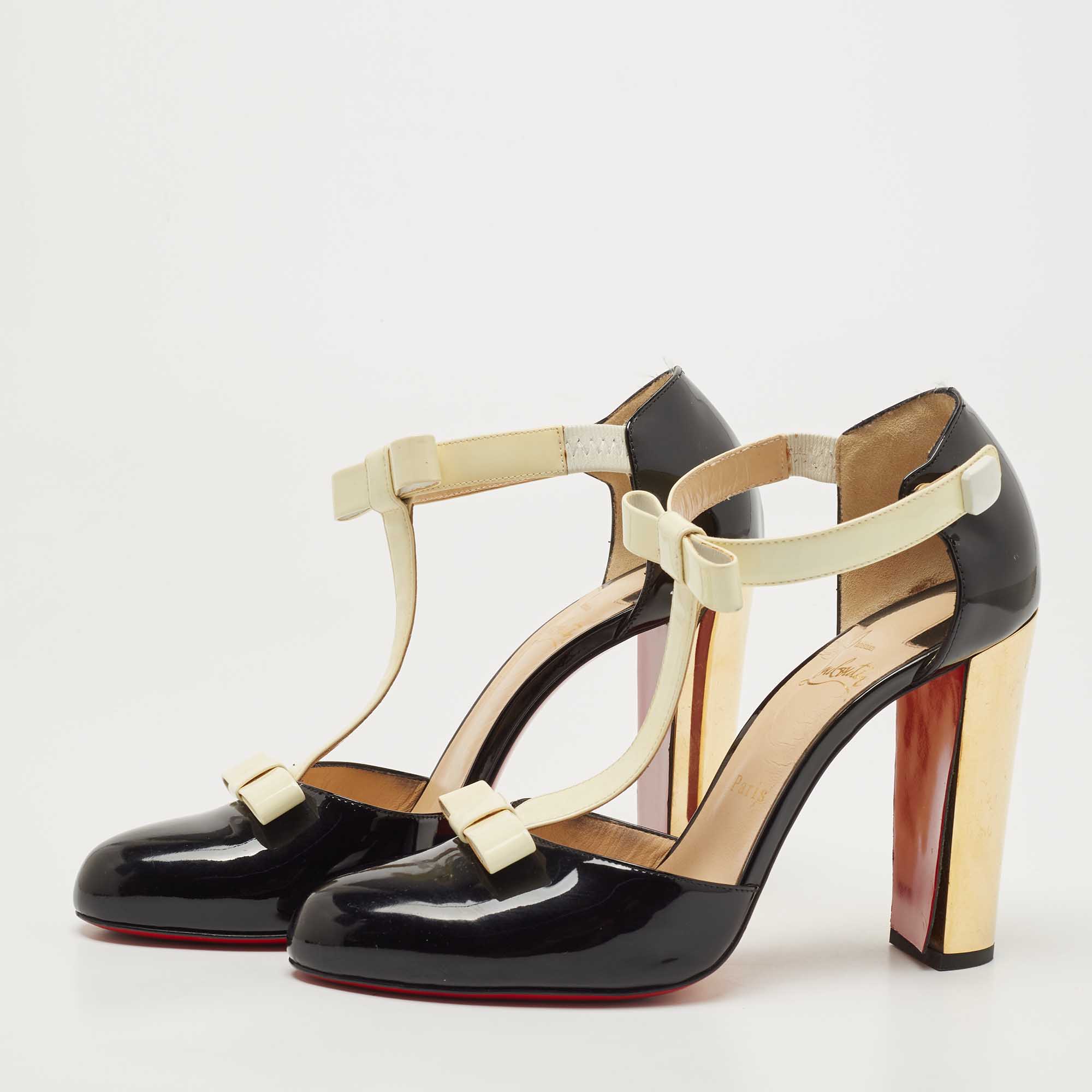

Christian Louboutin Black/Off White Patent Leather T Strap Pumps Size