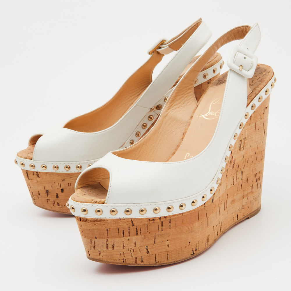 

Christian Louboutin White Leather Monico Cork Wedge Pumps Size