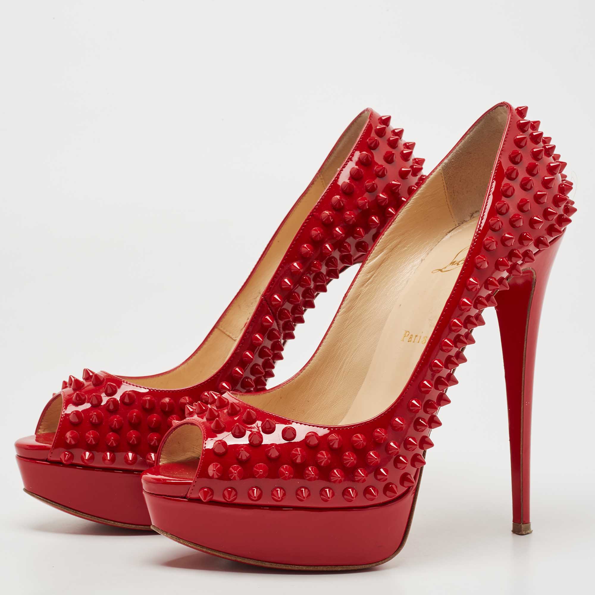 

Christian Louboutin Red Patent Leather Lady Peep Spikes Pumps Size