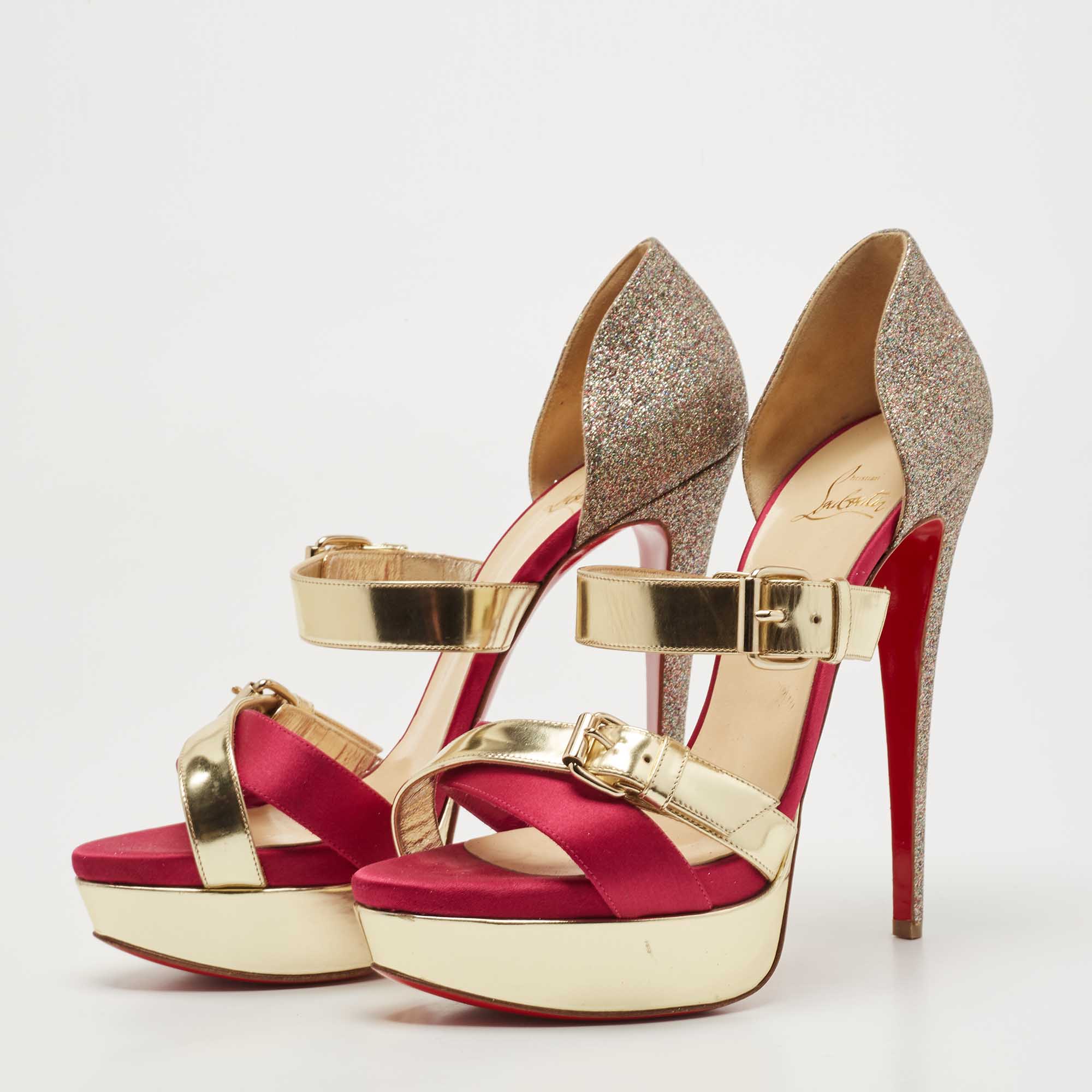 

Christian Louboutin Gold/Pink Satin, Leather and Glitter Ambertina Platform Sandals Size