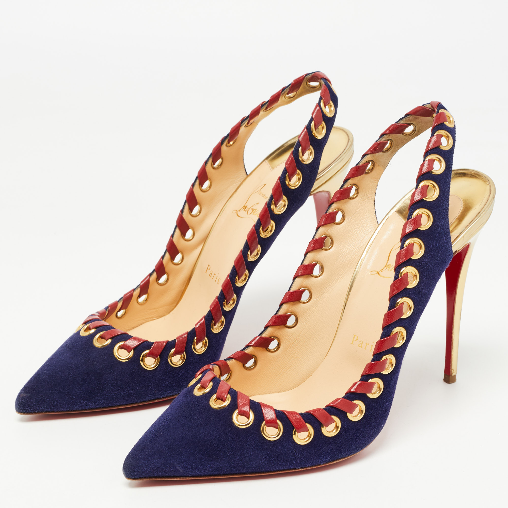 

Christian Louboutin Navy Blue Suede Ostri Slingback Pumps Size