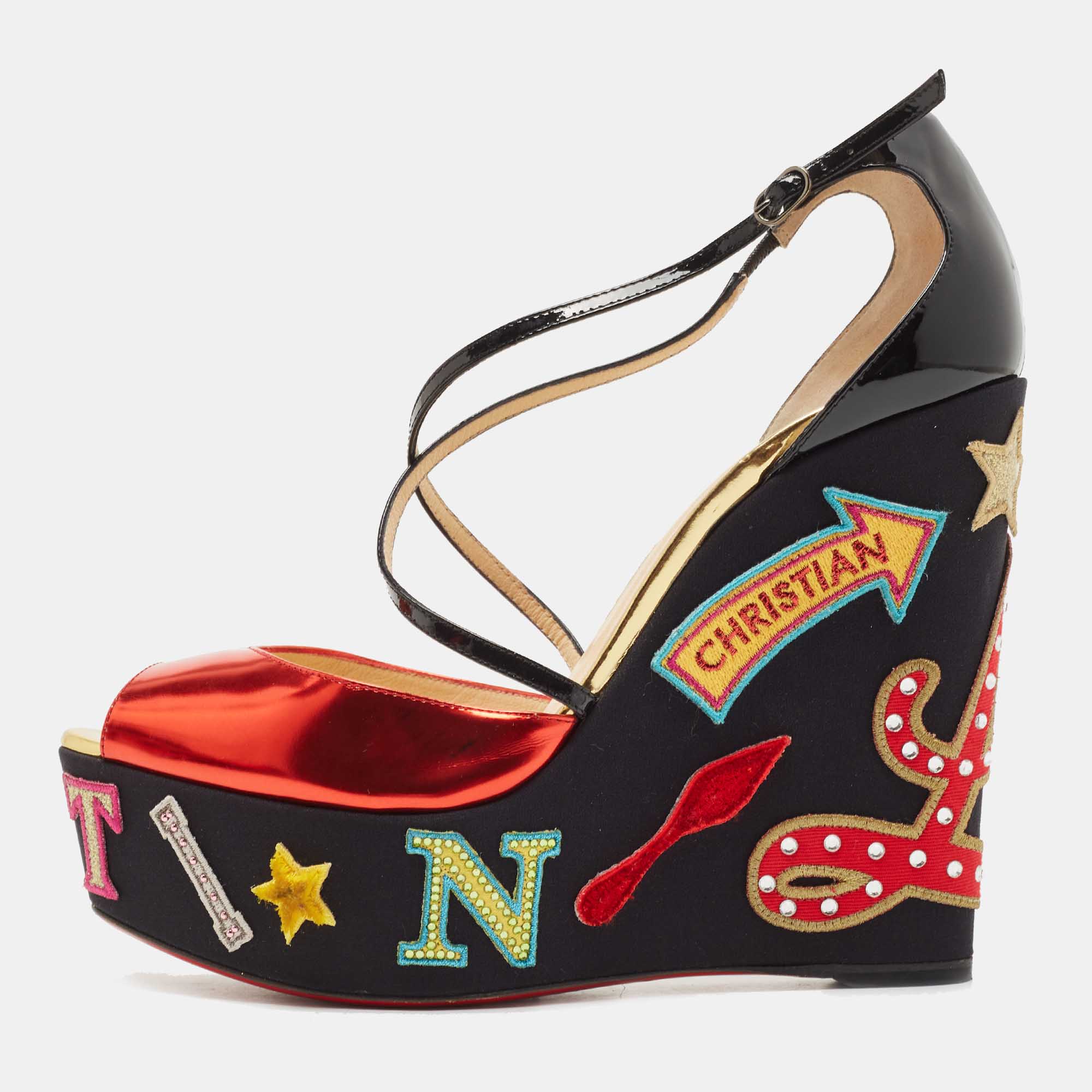 Christian Louboutin Red/Black Leather and Patent Loubi Zeppa Wedge Sandals Size 41