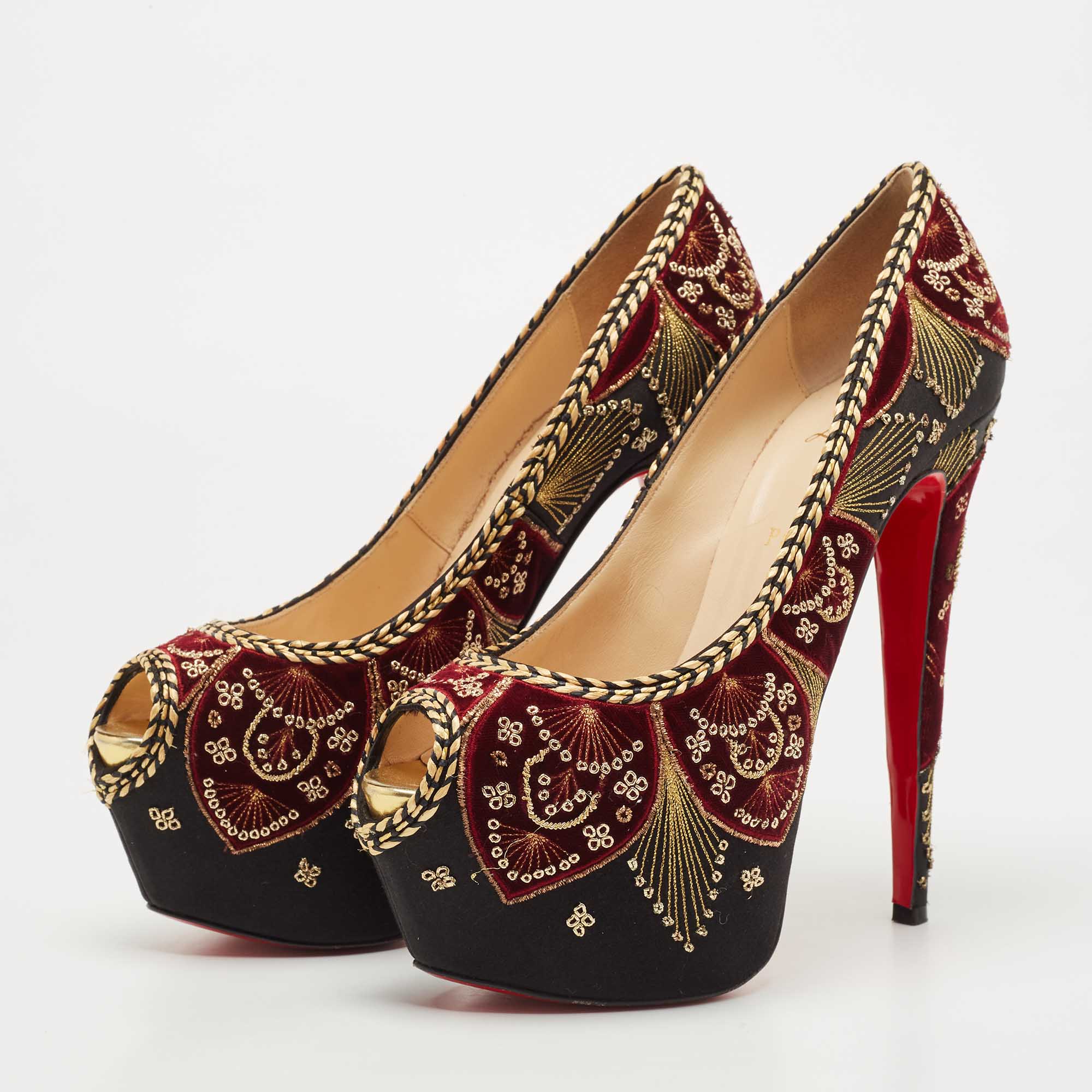 

Christian Louboutin Black/Burgundy Embroidered Satin and Velvet Highness Somberro Pumps Size