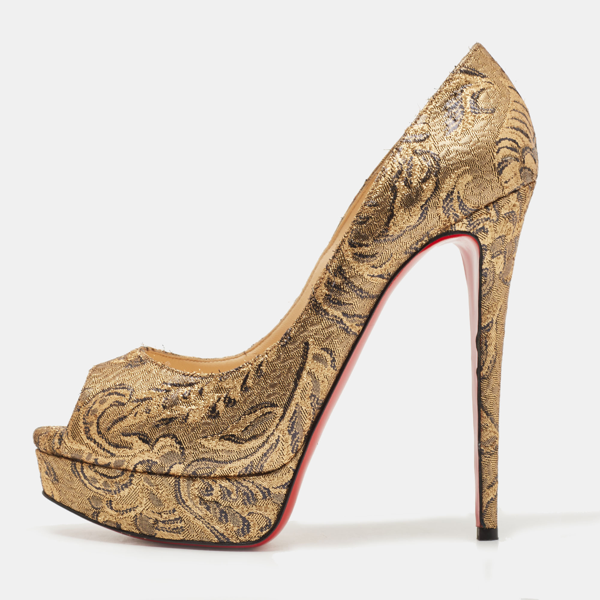 Pre-owned Christian Louboutin Gold Brocade Fabric Lady Peep Pumps Size 40.5