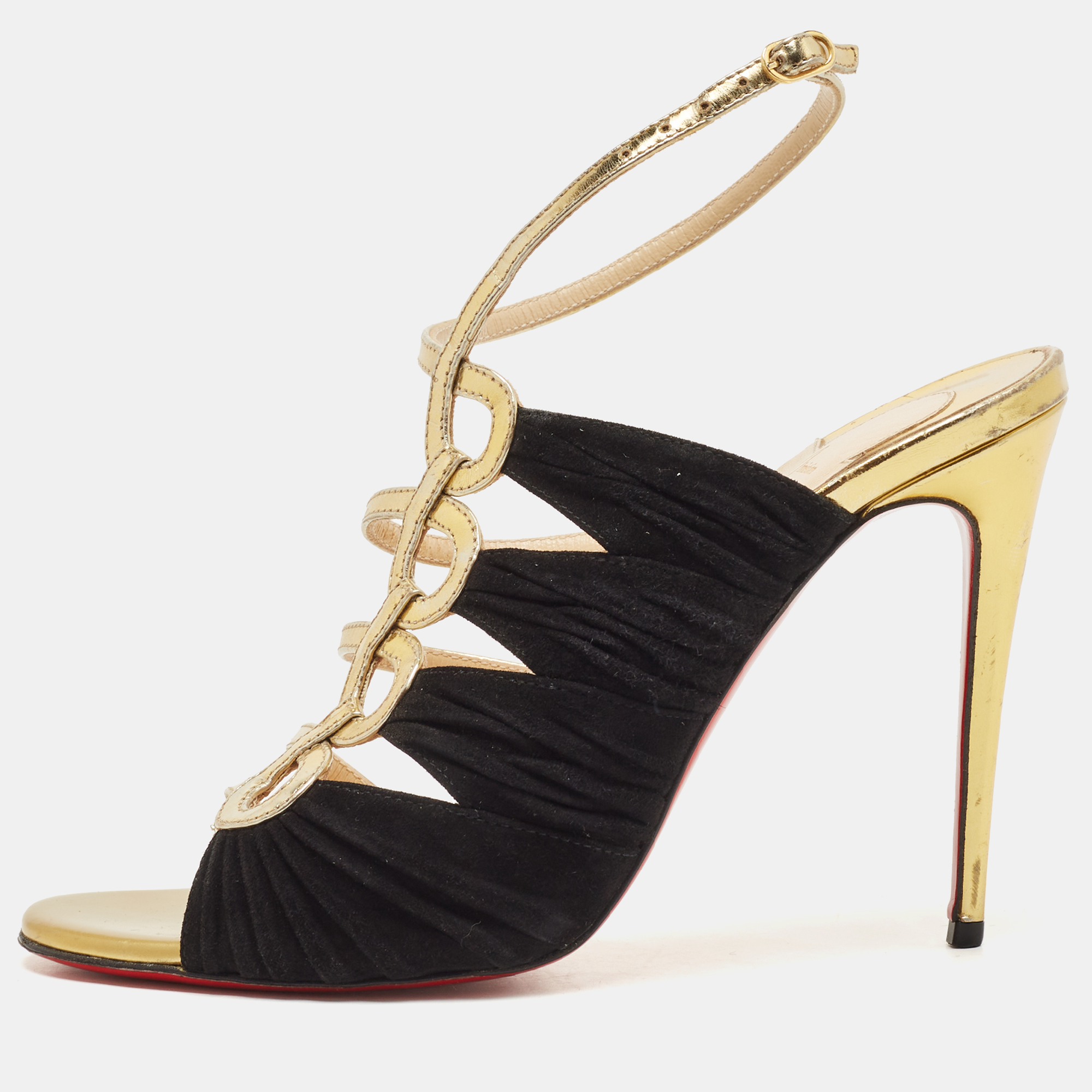 Pre-owned Christian Louboutin Black/gold Suede And Leather Tina Sandals Size 37.5