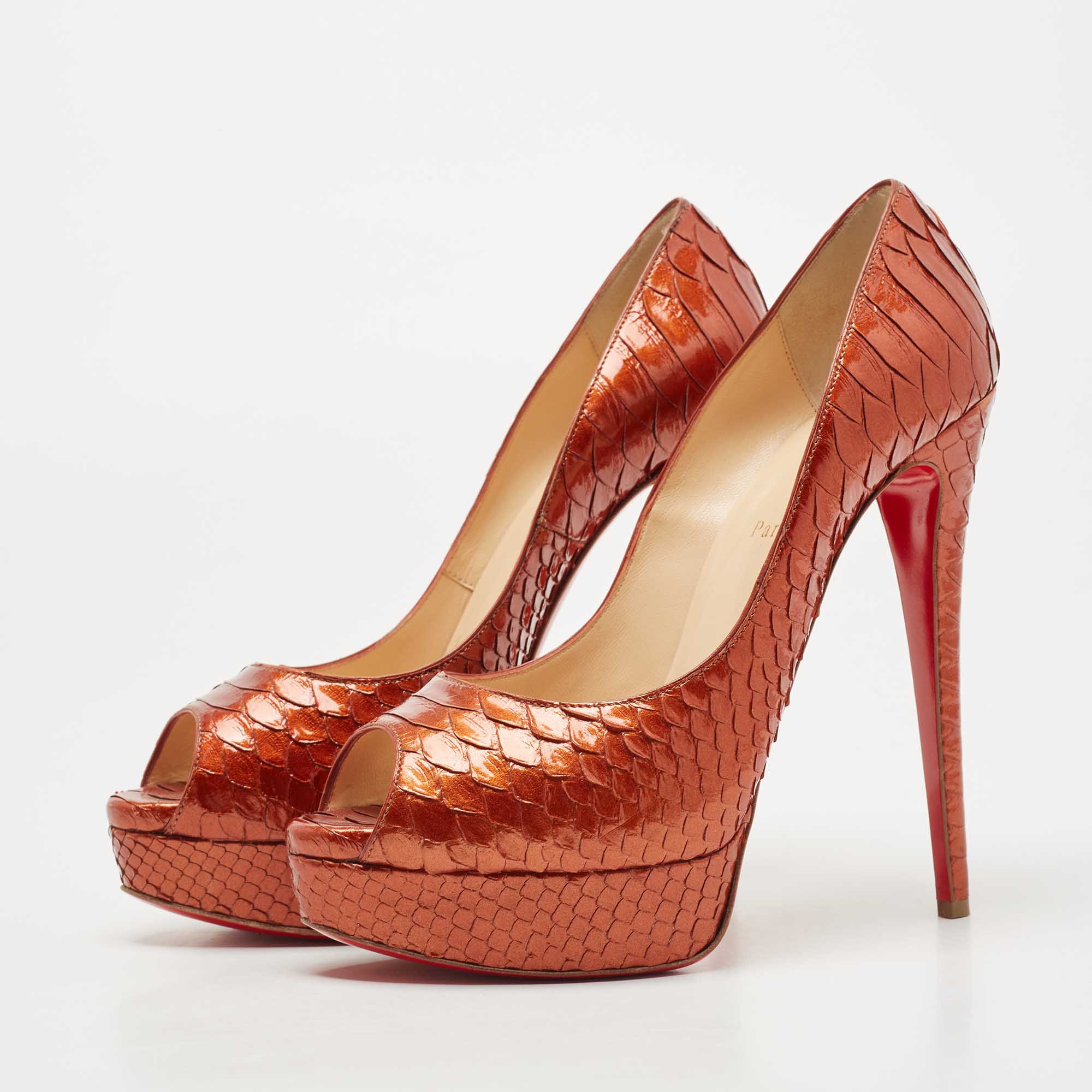 

Christian Louboutin Dark Orange Python Lady Peep Pumps Size