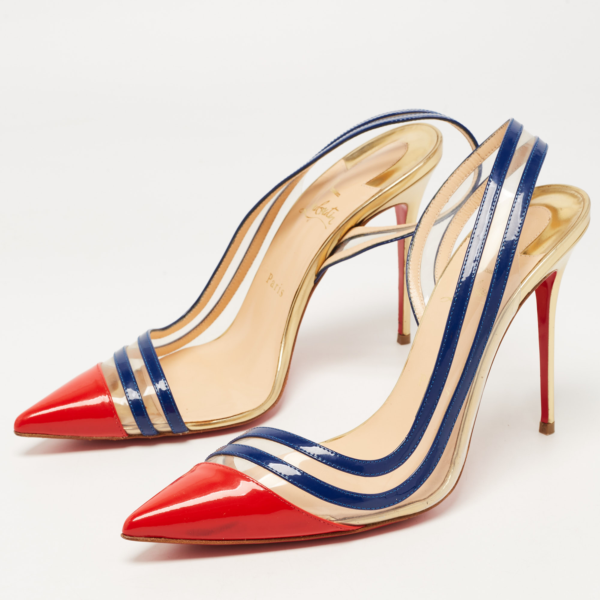 

Christian Louboutin Tricolor Leather, Patent And PVC Paralili D'orsay Pumps Size, Red
