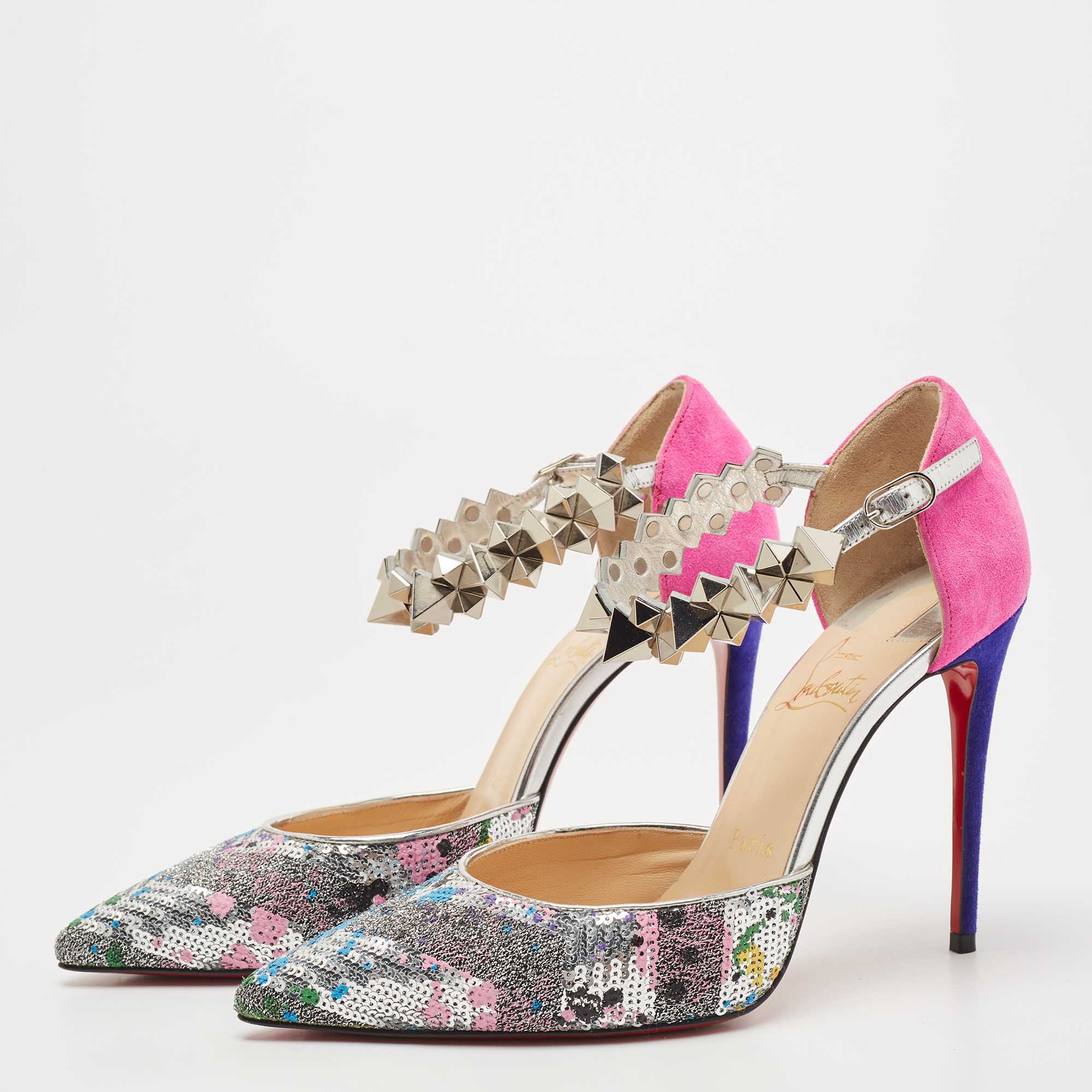 

Christian Louboutin Silver/Pink Sequins and Suede Planet Chic Pumps Size