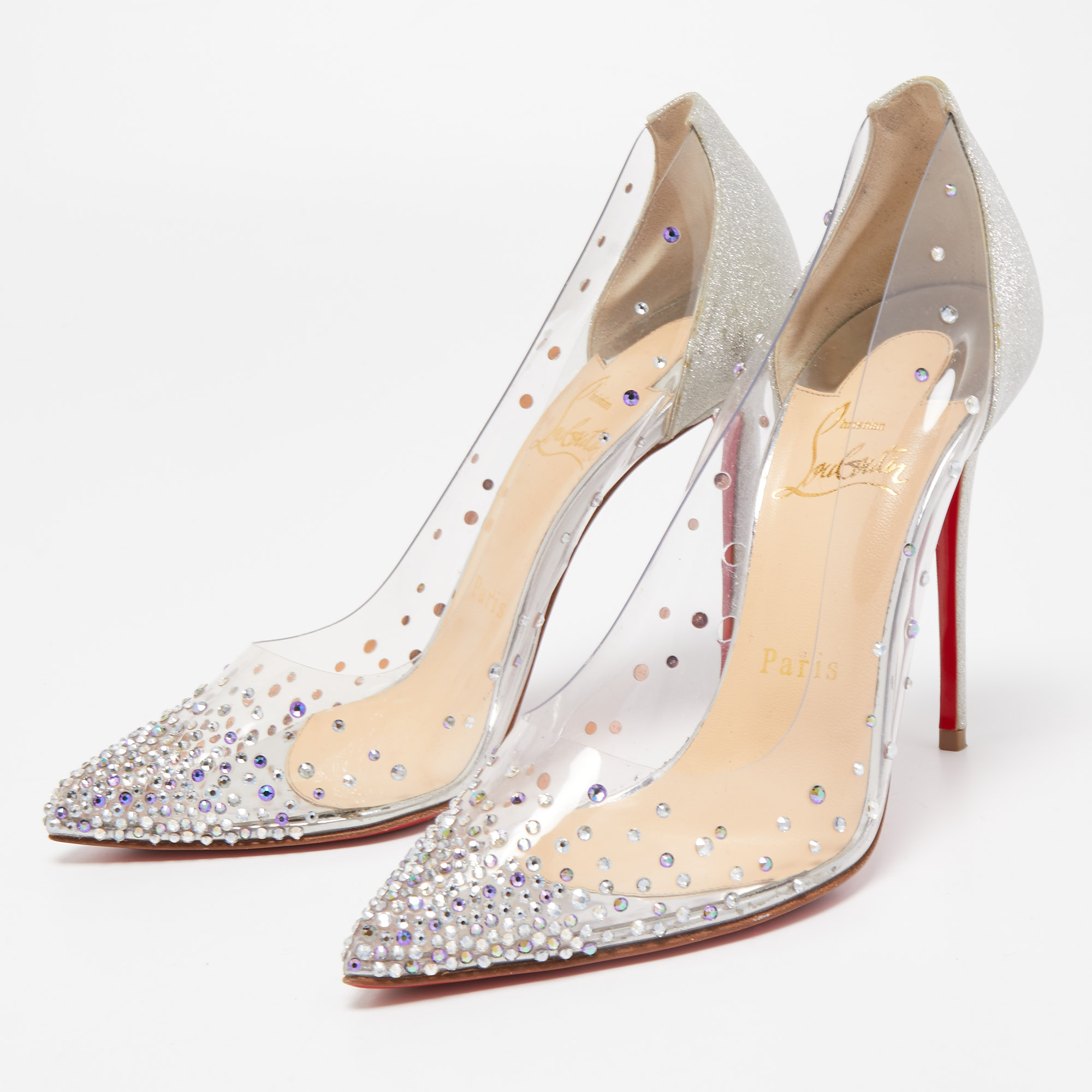 

Christian Louboutin Silver/Transparent Glitter and PVC Degrastrass Pumps Size