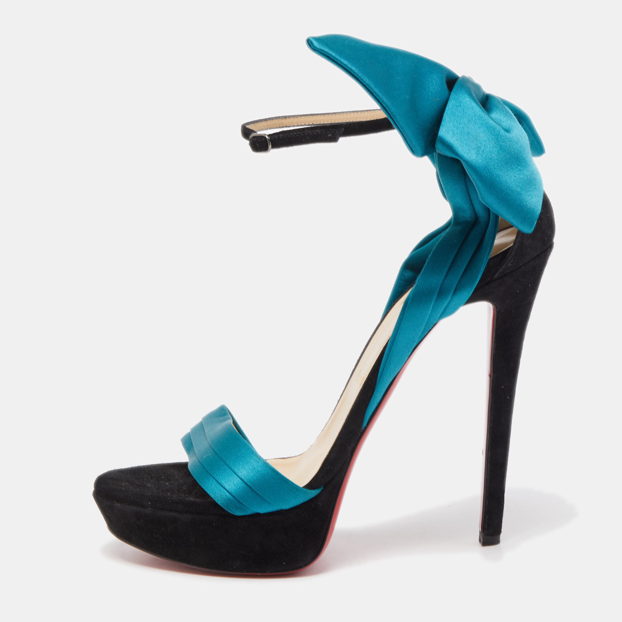 

Christian Louboutin Teal/Black Satin and Suede Vampanodo Sandals Size