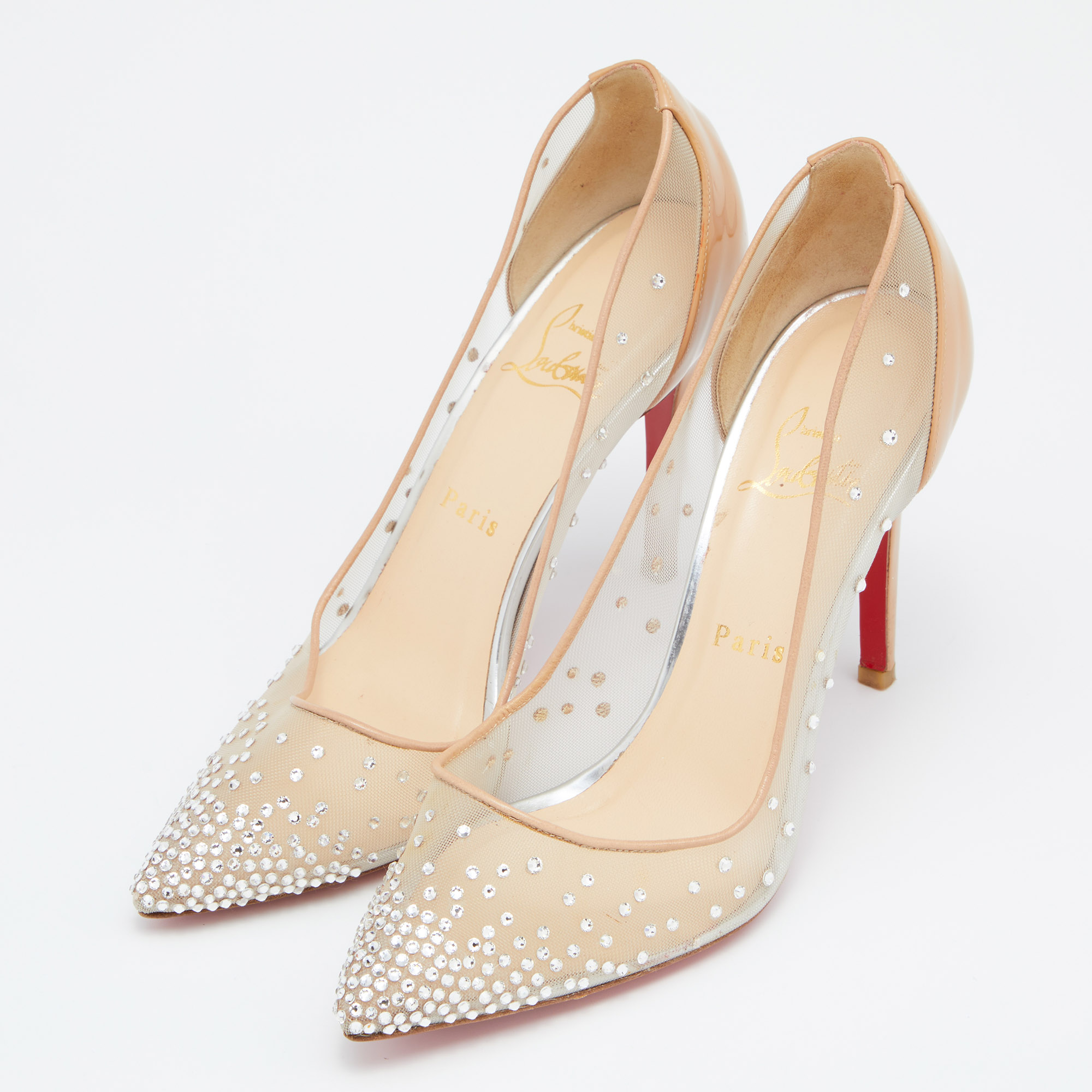 

Christian Louboutin Beige Mesh and Patent Leather Follies Strass Pumps Size