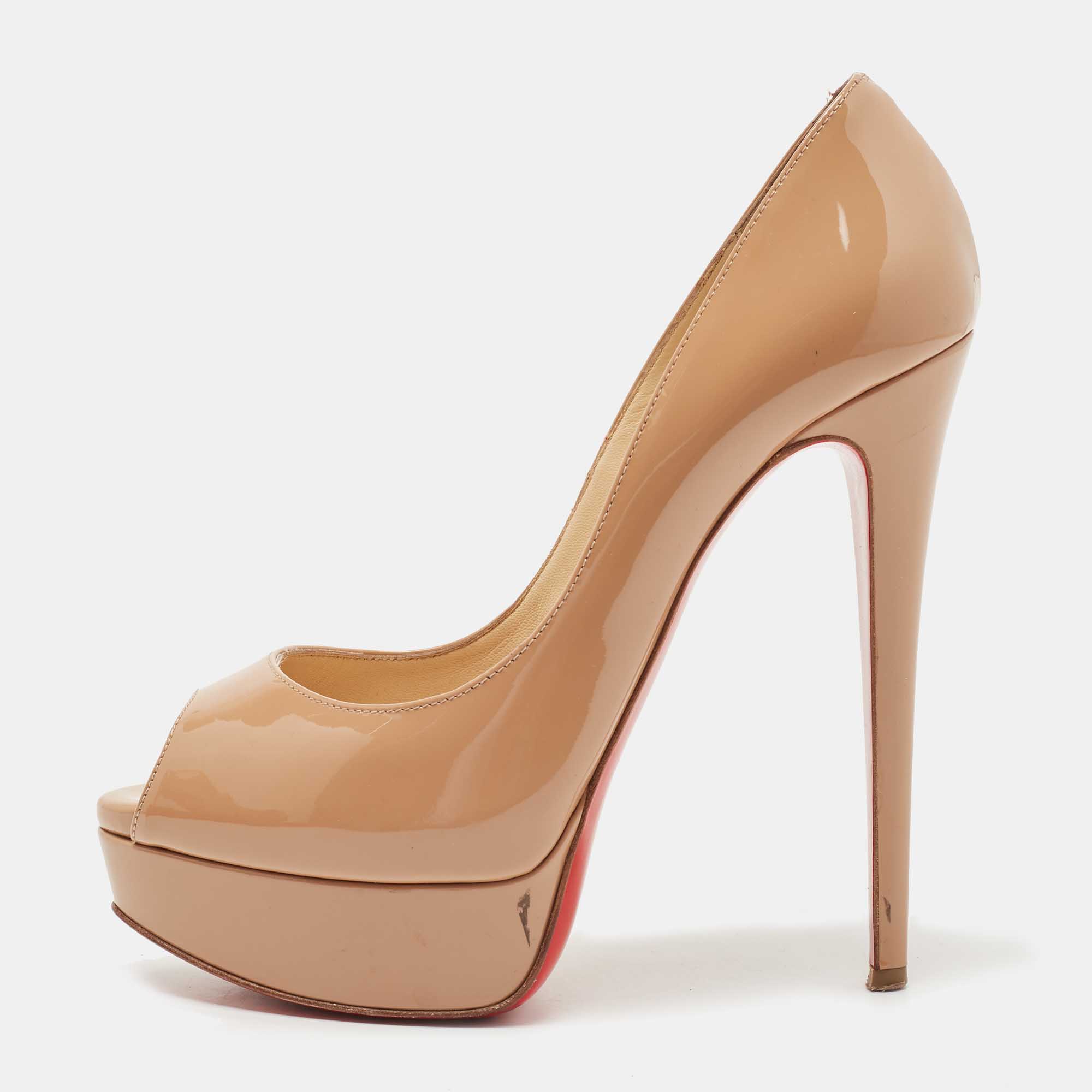 Pre-owned Christian Louboutin Beige Patent Leather Lady Peep Pumps Size 36