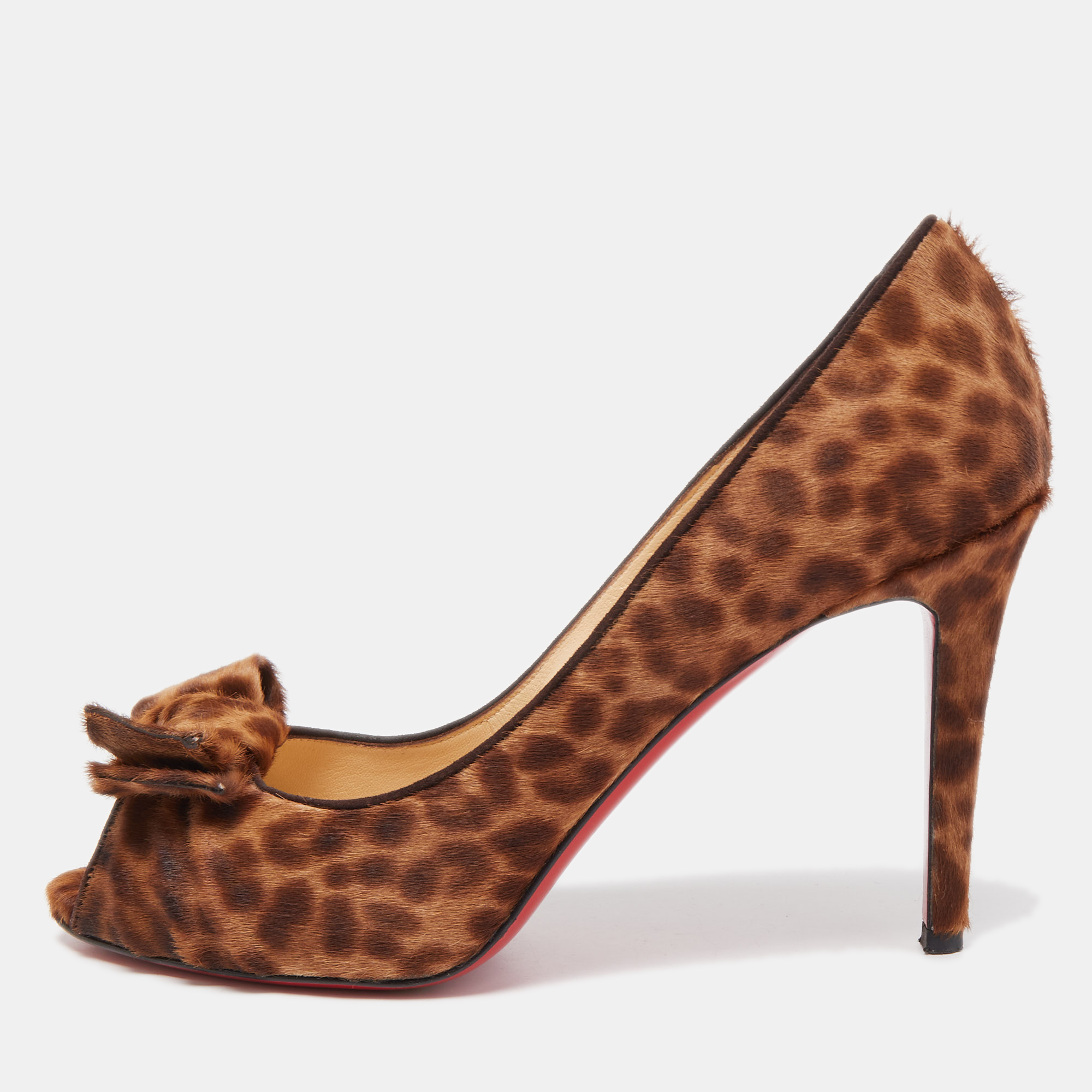 Pre-owned Christian Louboutin Brown Leopard Print Calf Hair Bow Peep Toe Pumps Size 37.5