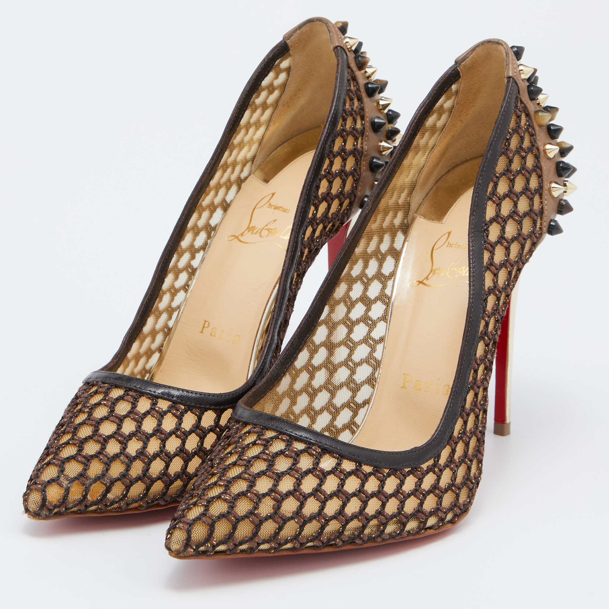 

Christian Louboutin Brown/Black Leather and Mesh Pointed Toe Pumps Size