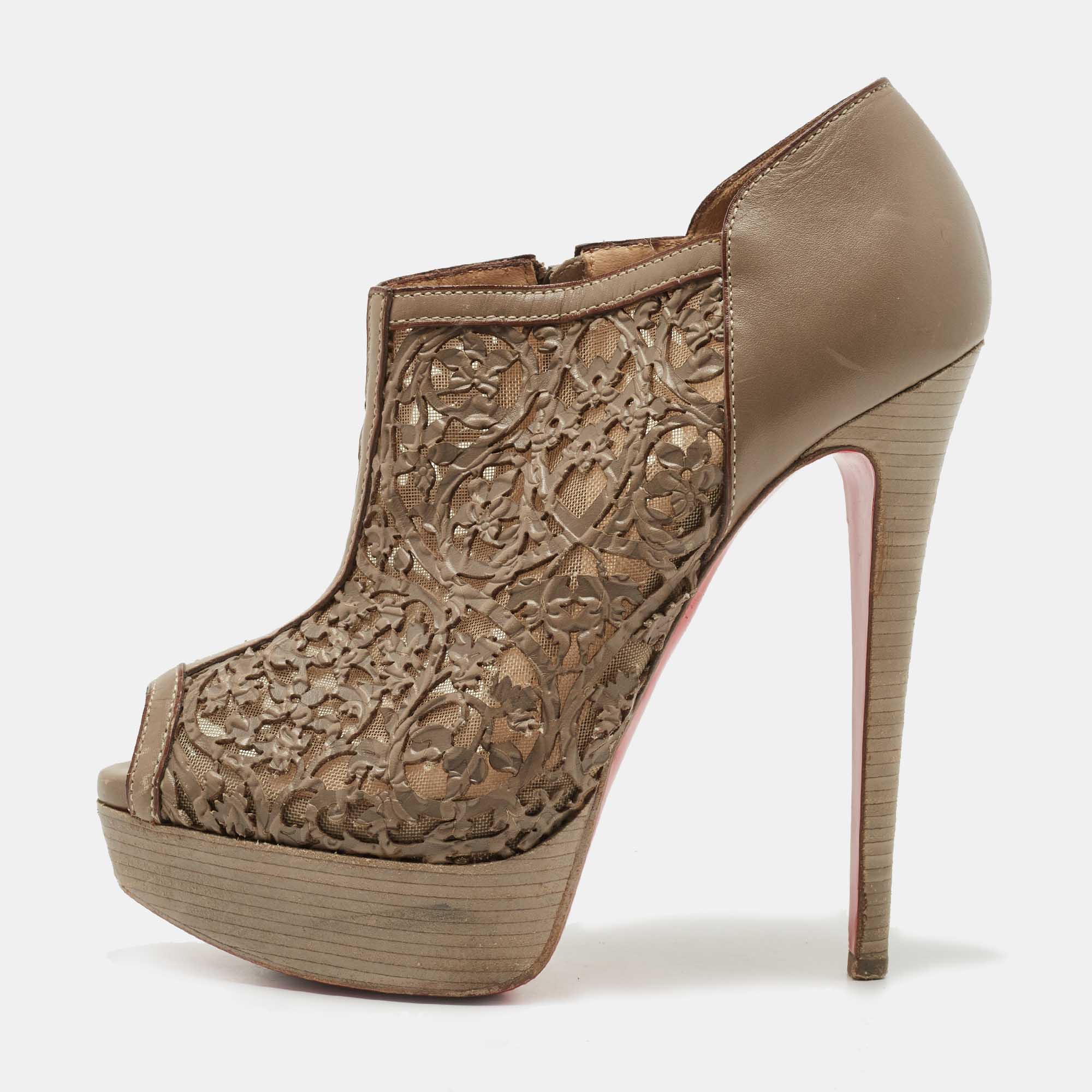 Pre-owned Christian Louboutin Brown Laser-cut Leather Pampas 150 Peep Toe Ankle Boots Size 36.5