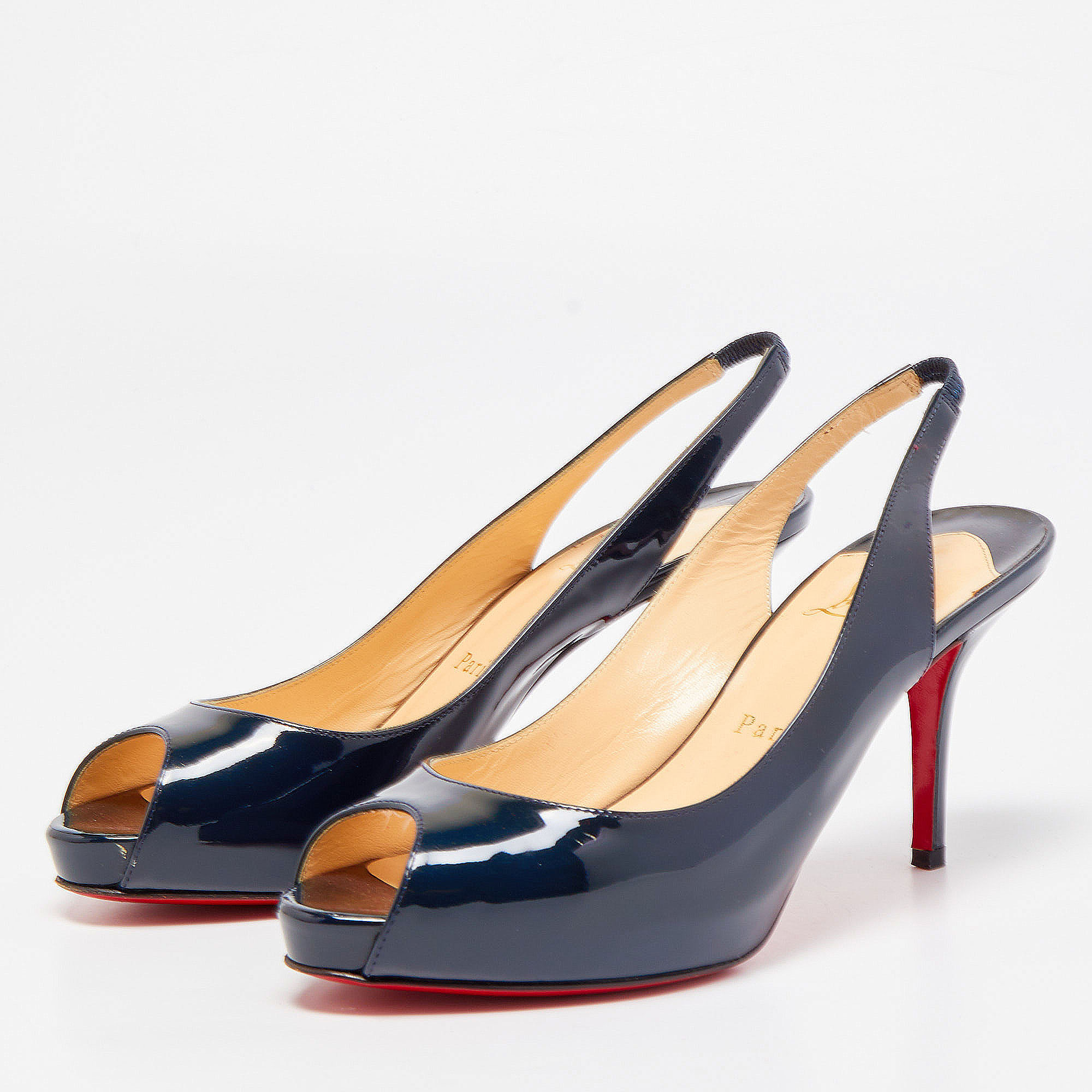 

Christian Louboutin Navy Blue Patent Leather Private Number Peep Toe Slingback Sandals Size