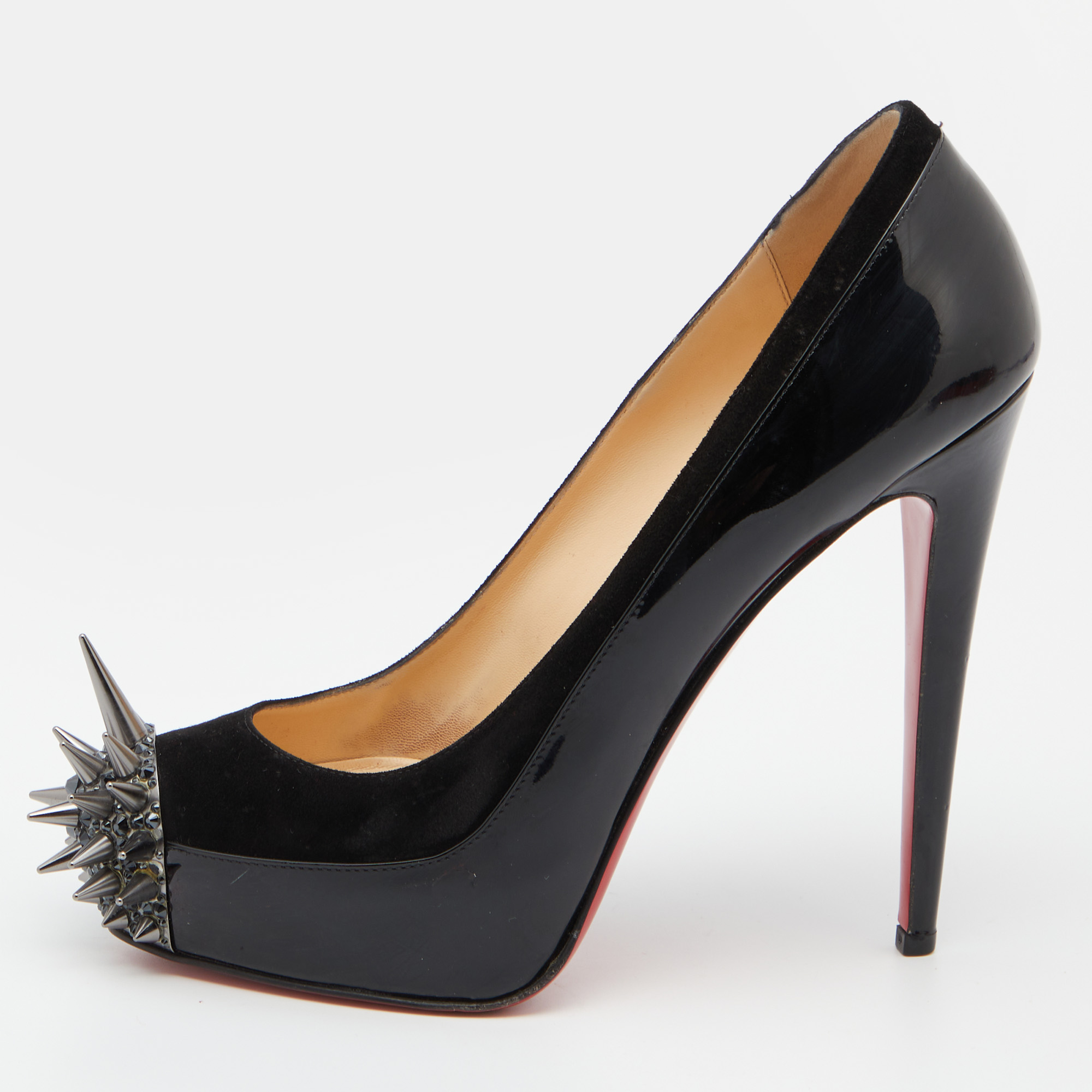 Click to view more detailed imagery on our partner's website Pre-owned Christian Louboutin Black Patent Leather And Suede Asteroid Platform Pumps Size 40